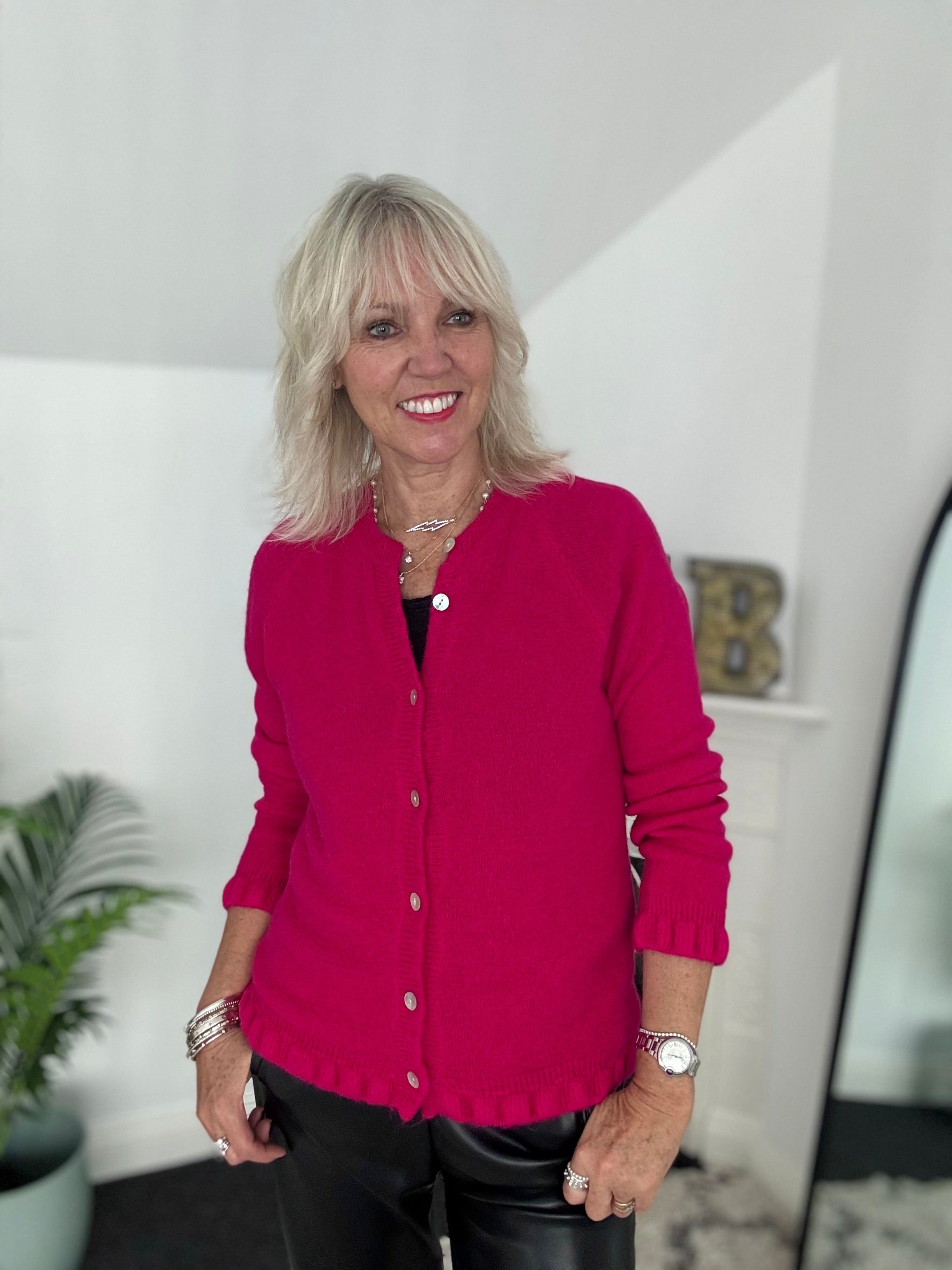 Alpaca Cardi with Frill Hems in Raspberry