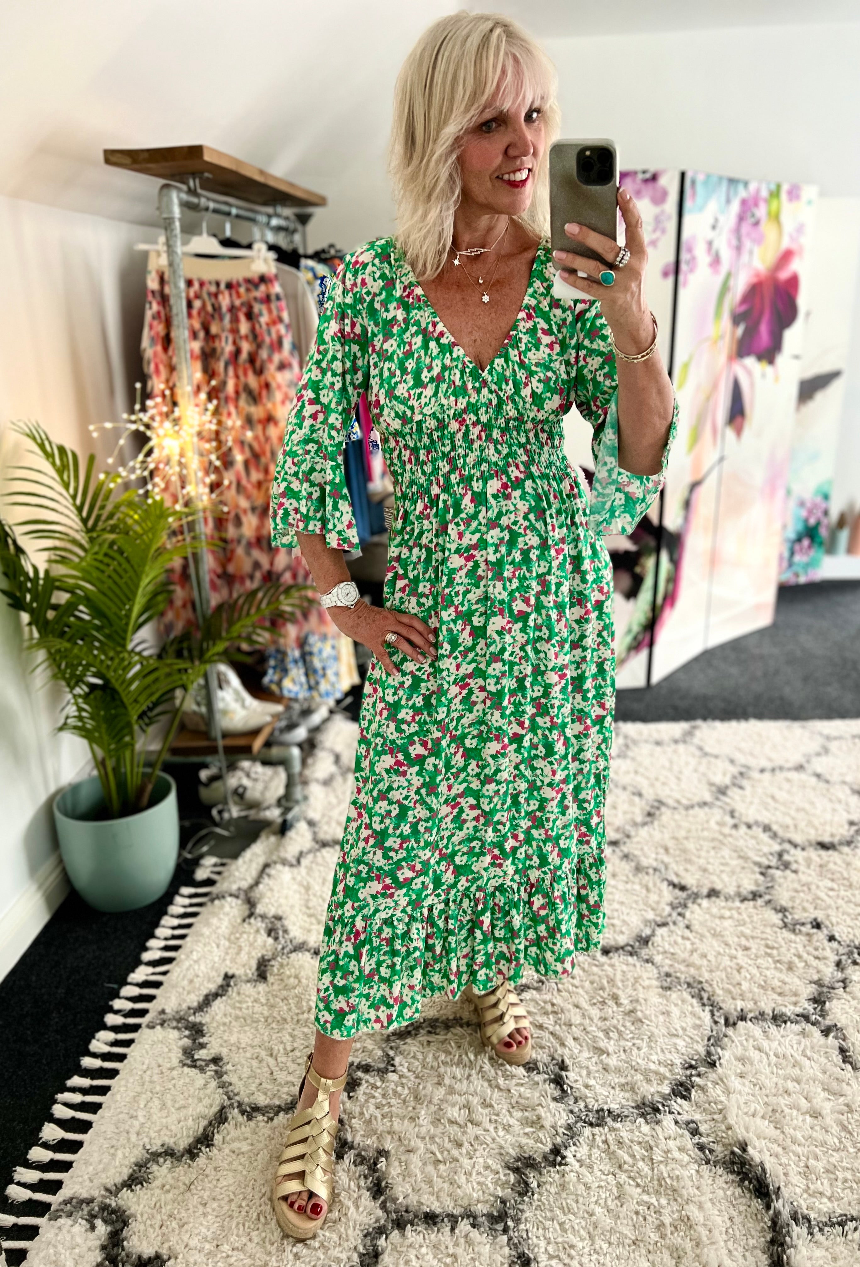 Floral Midi Dress in Green & Pink