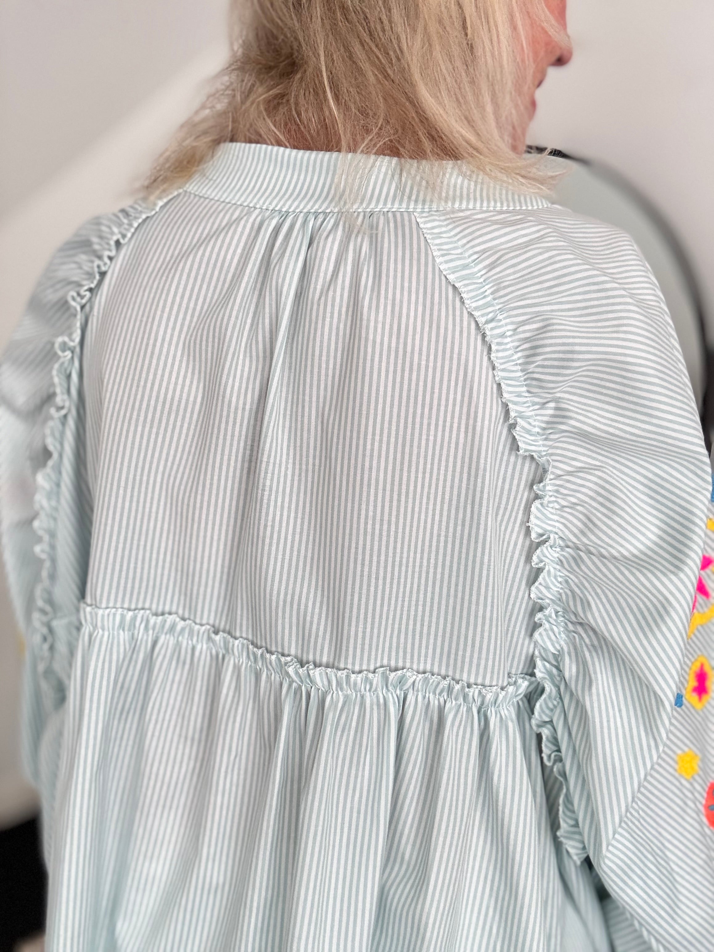 Designer Stripe Shirt with Neon Embroidered Sleeves in Seafoam Green