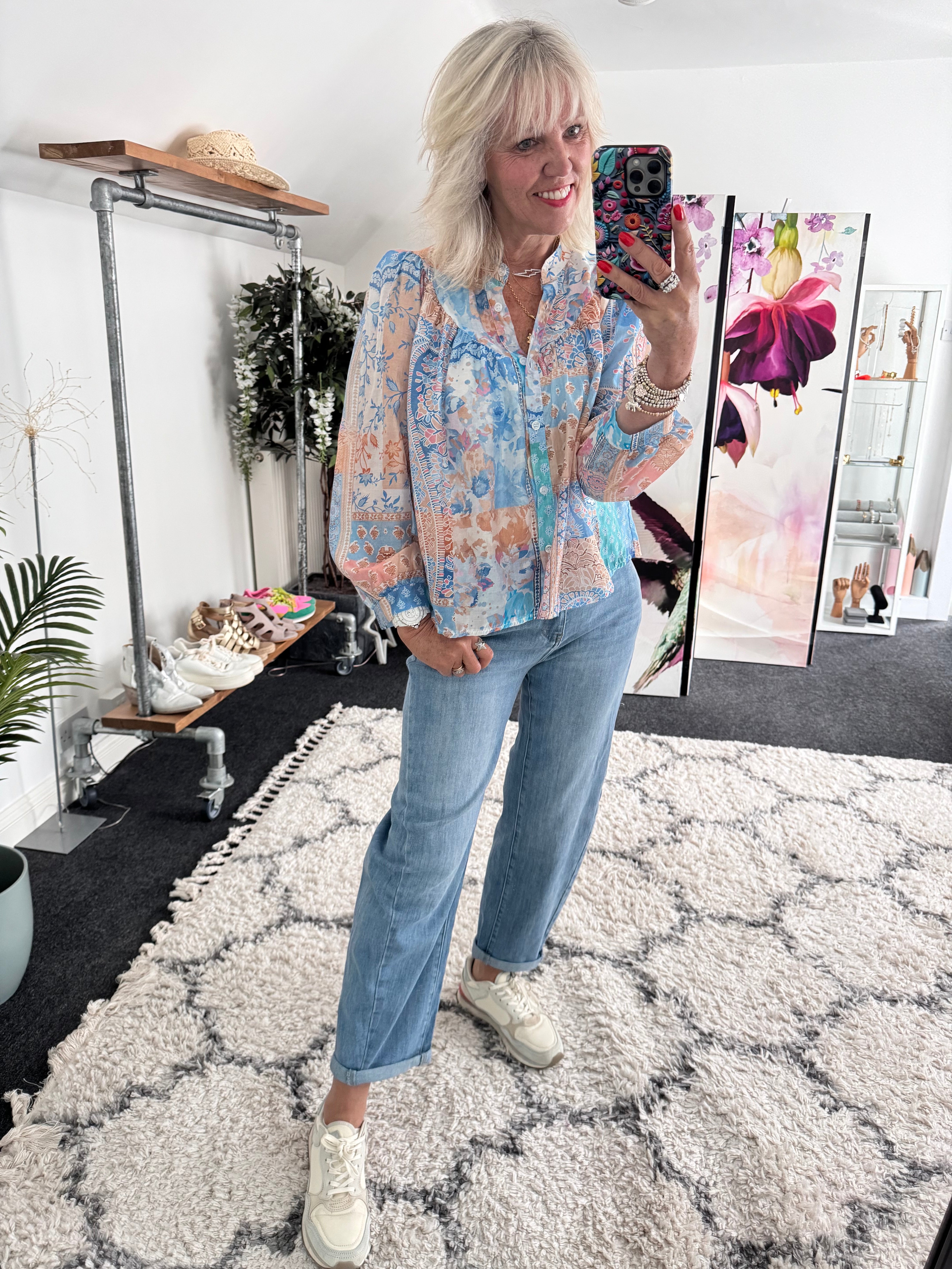 Patchwork Shirt in Blue & Pink