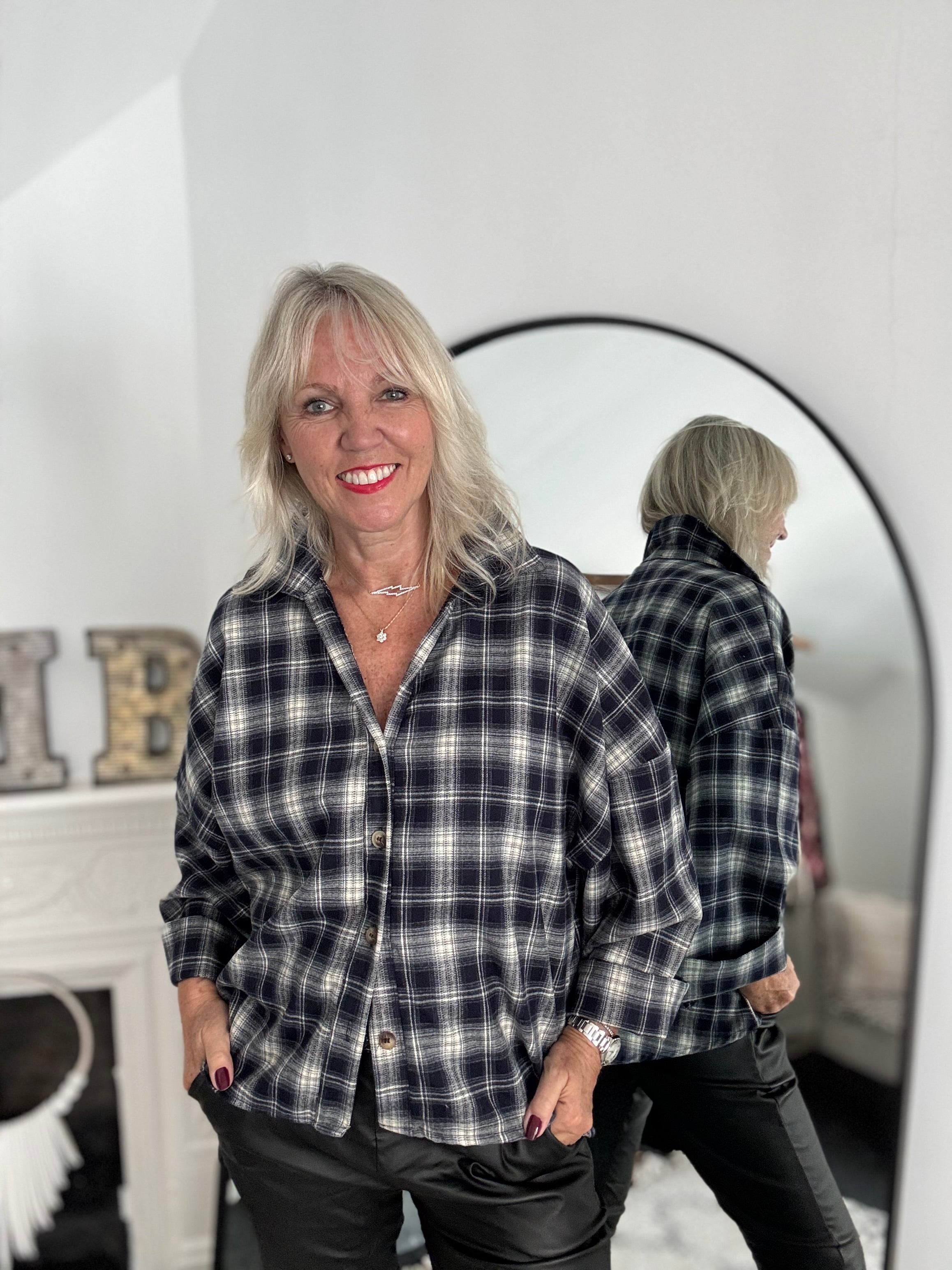 Soft Checked Shacket in Inky Charcoal