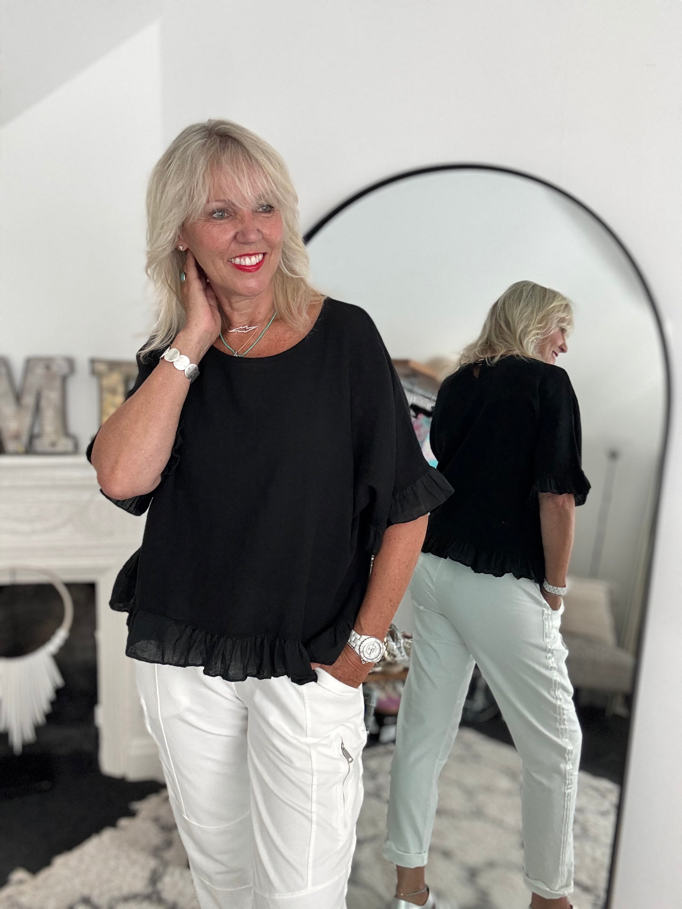 Linen & Cotton Ruffle Edge Top in Black