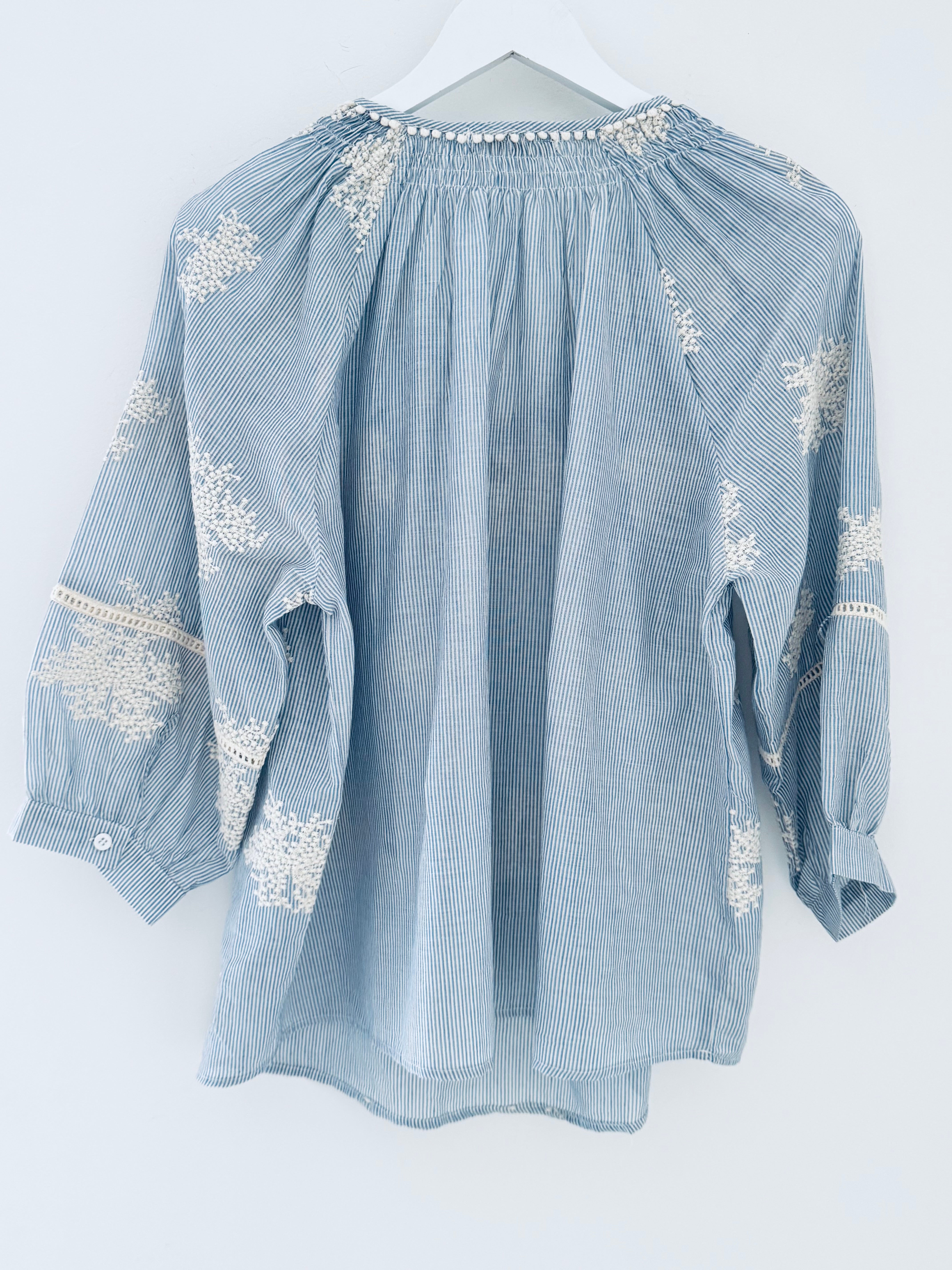 Embroidered Blouse in Blue & White