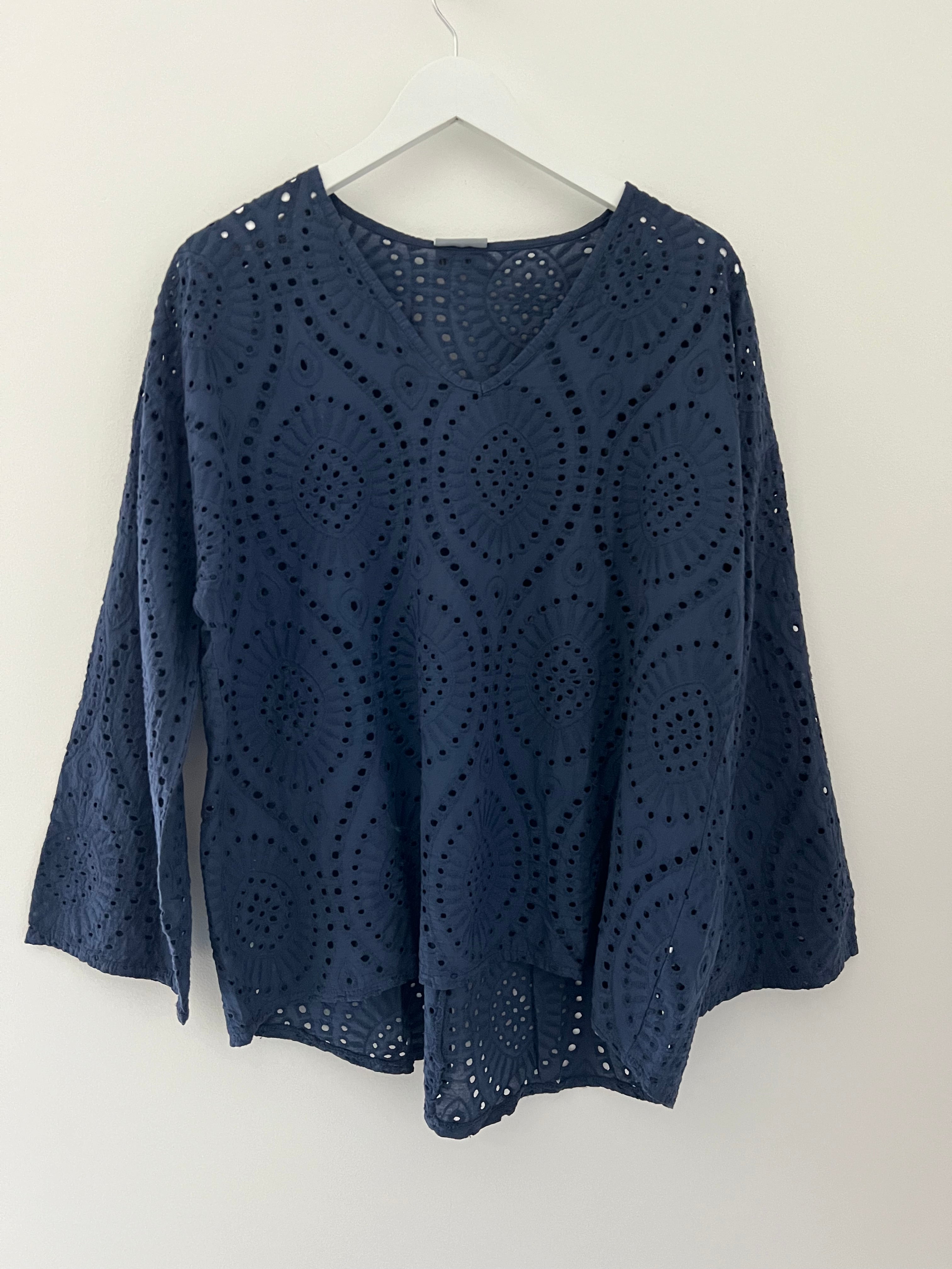 Broderie Anglais Blouse in Ink Blue