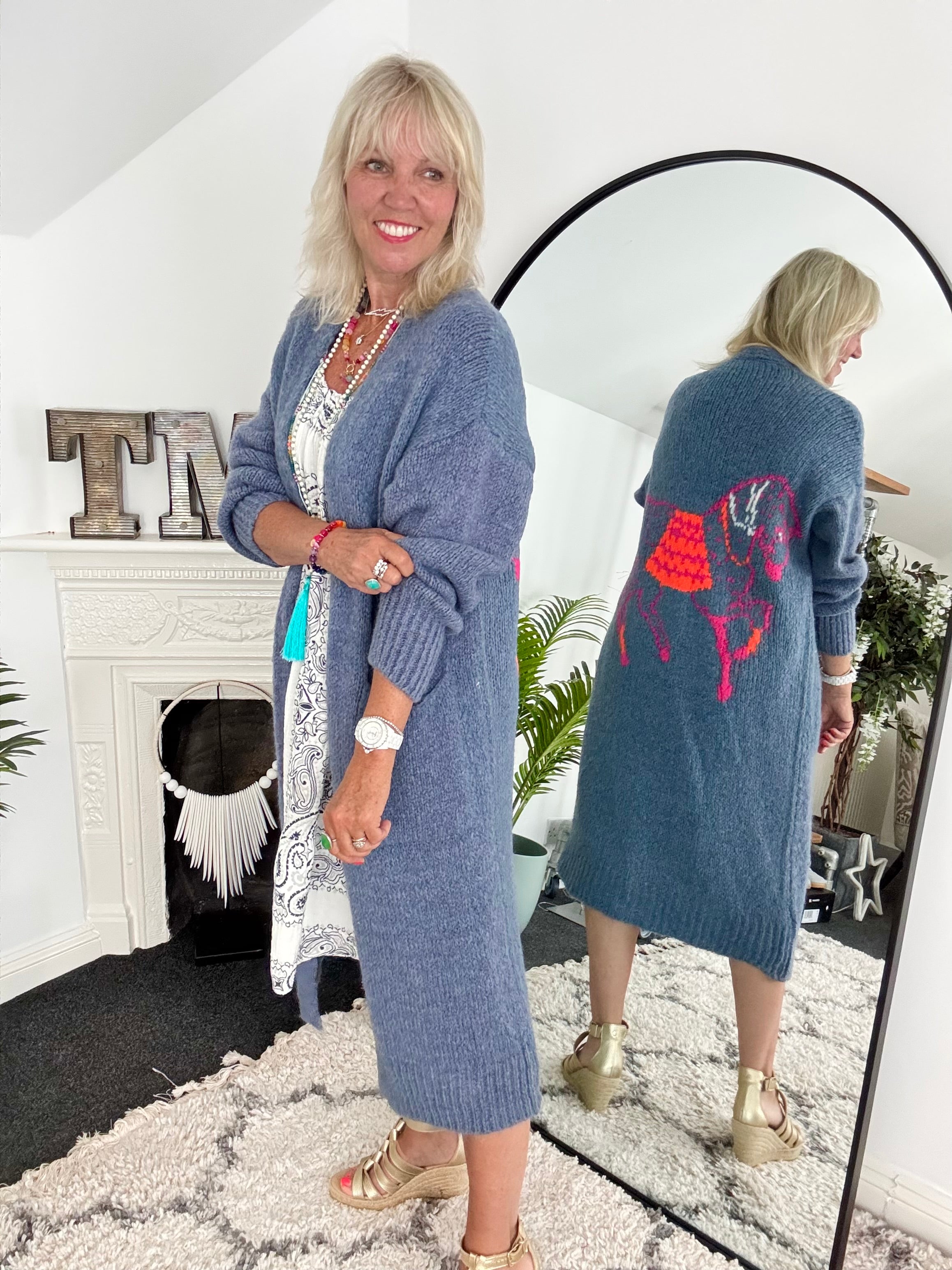 Luxe Neon Horse Cardi in Denim Blue