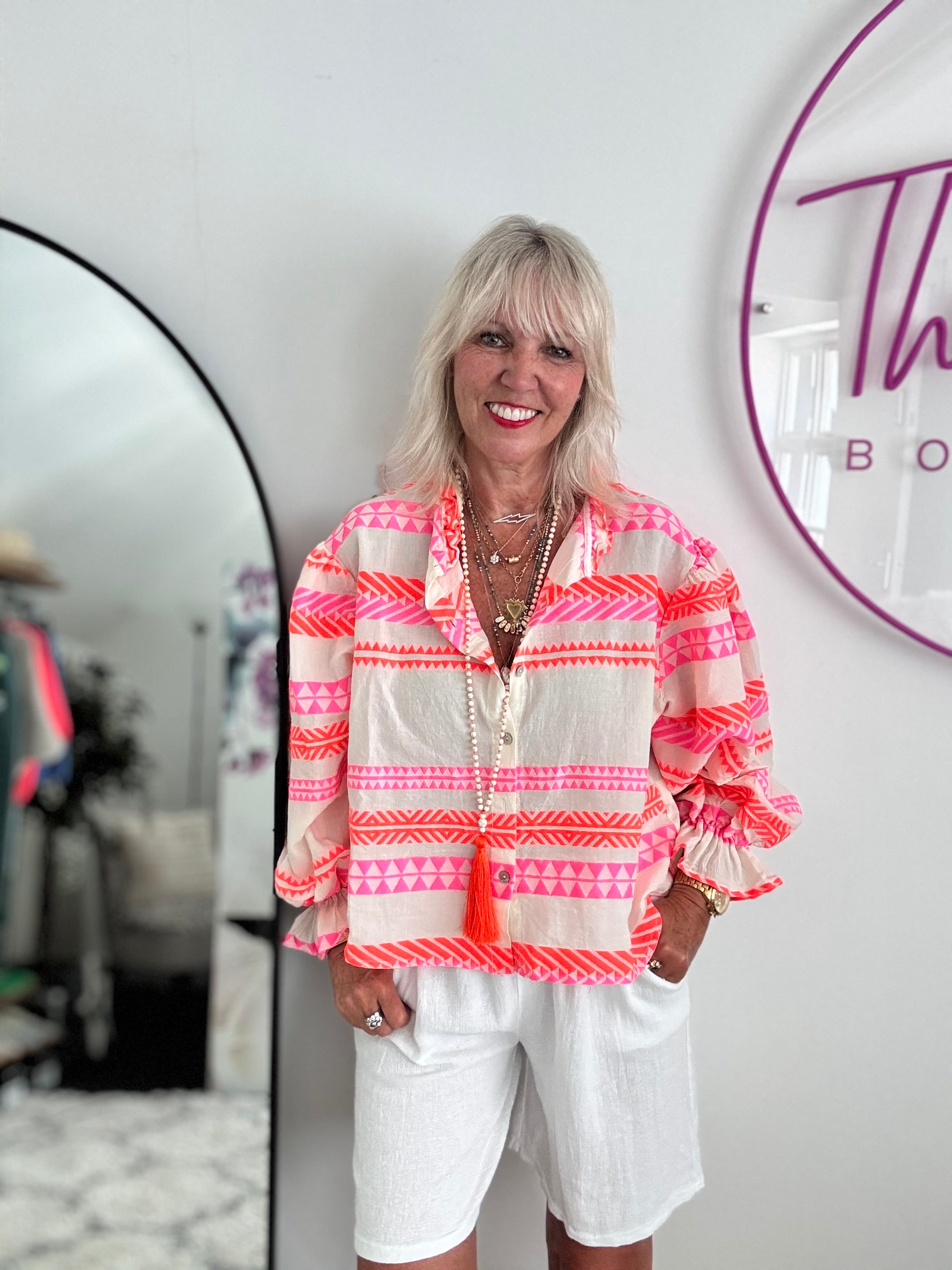 Embroidered Shirt in Neon Pink & Orange