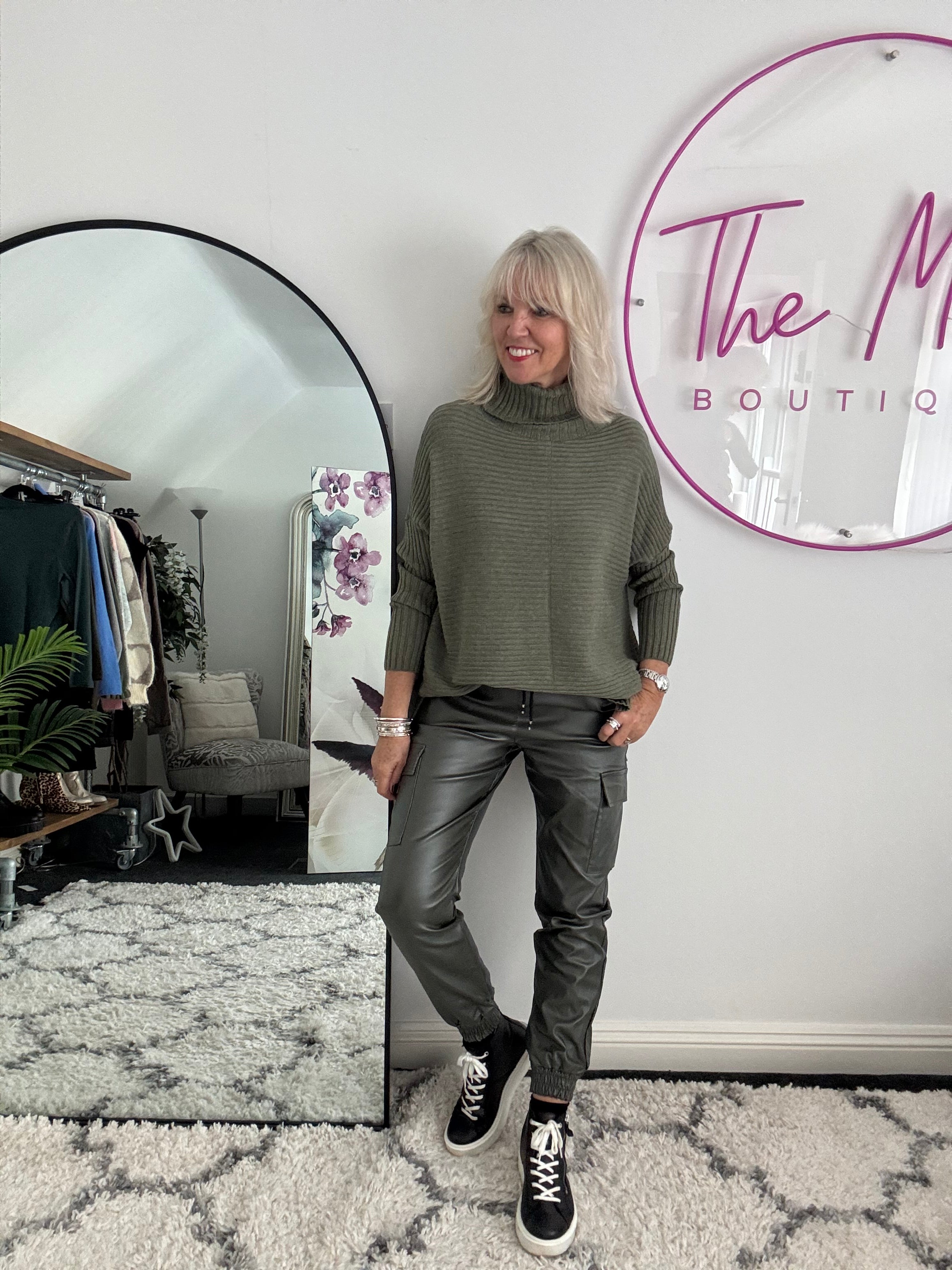 Ribbed Roll Neck Poncho Jumper in Khaki