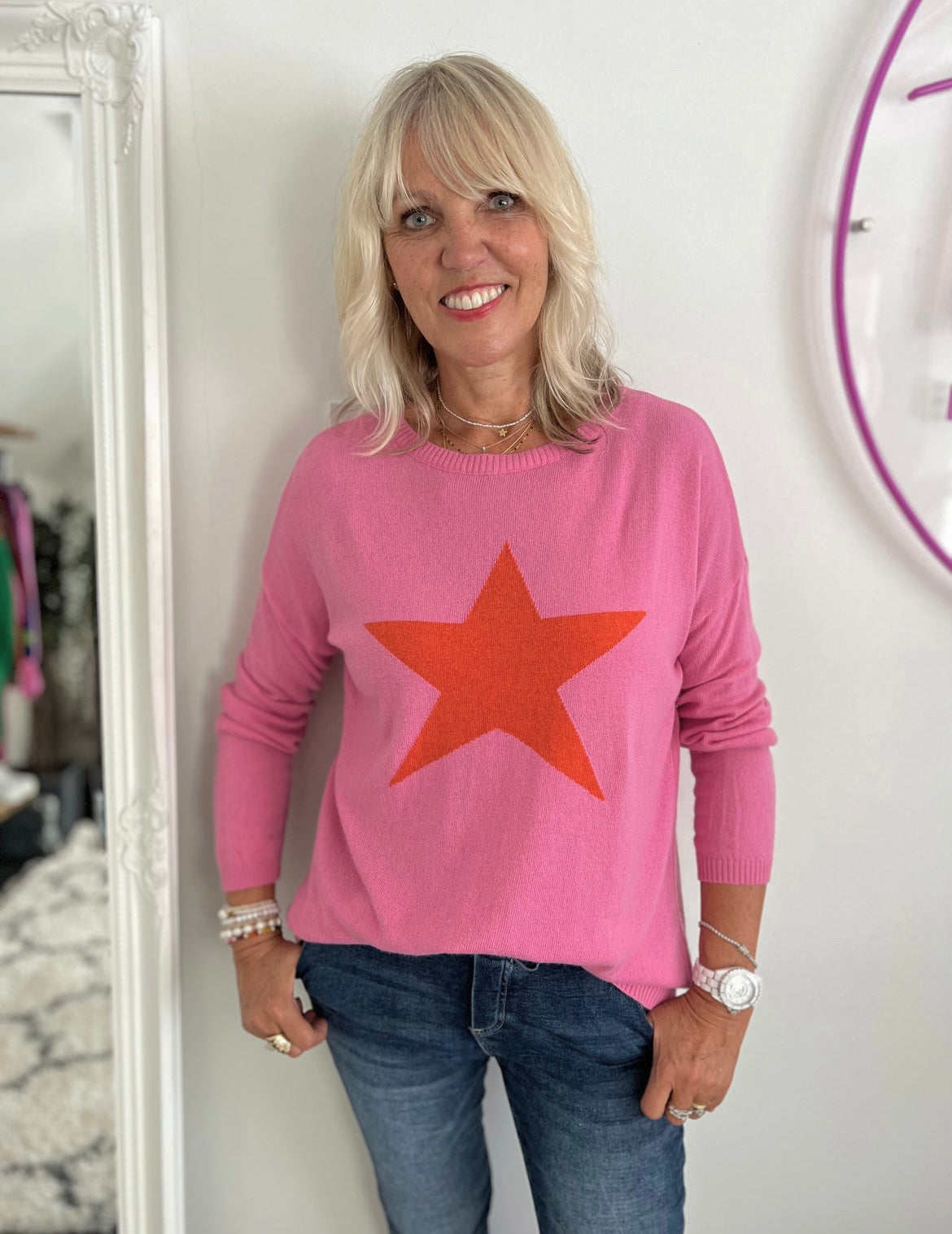 Star Cashmere Jumper in Pink & Orange
