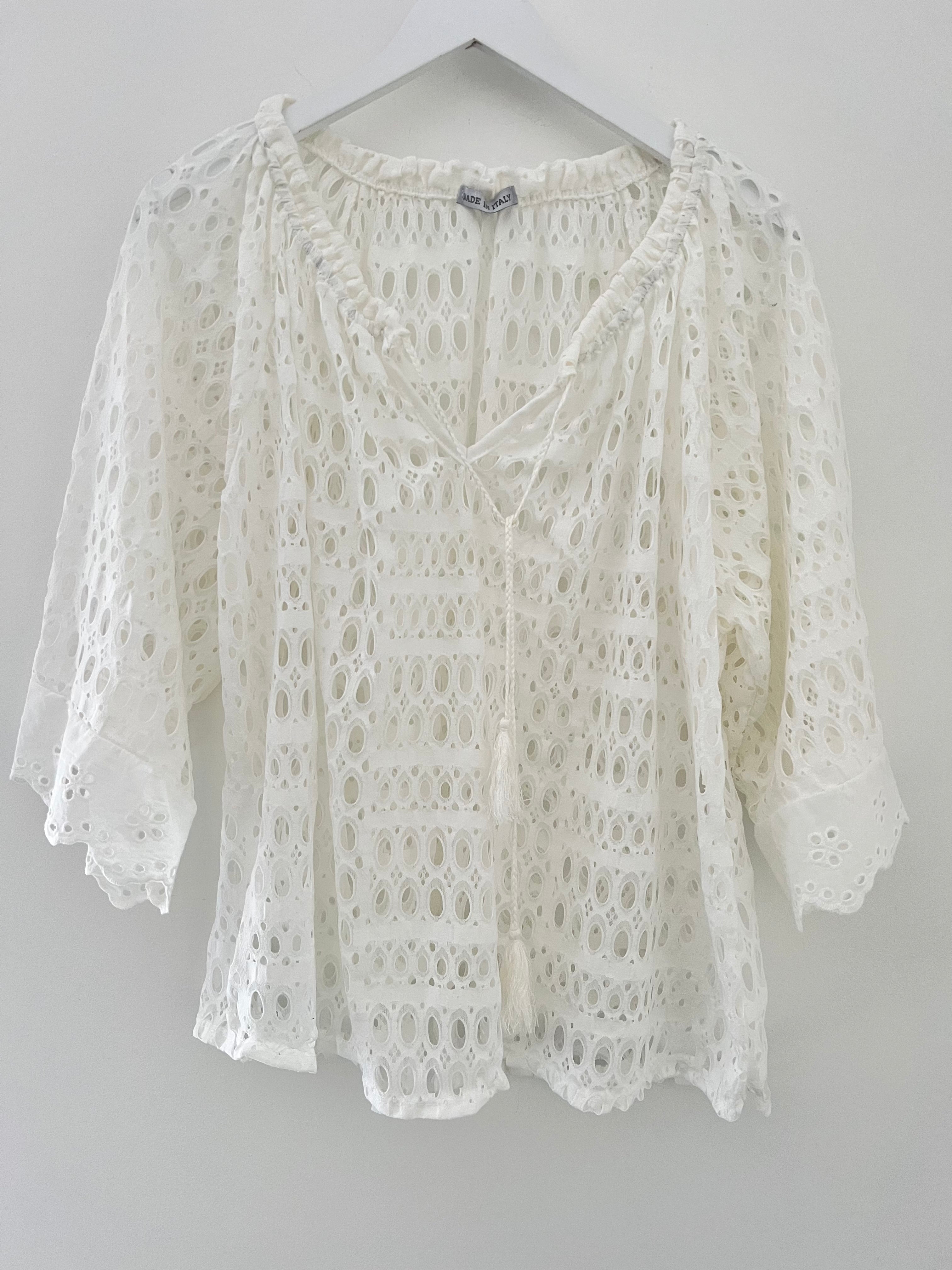 Lace Cotton Boho Blouse in Ivory