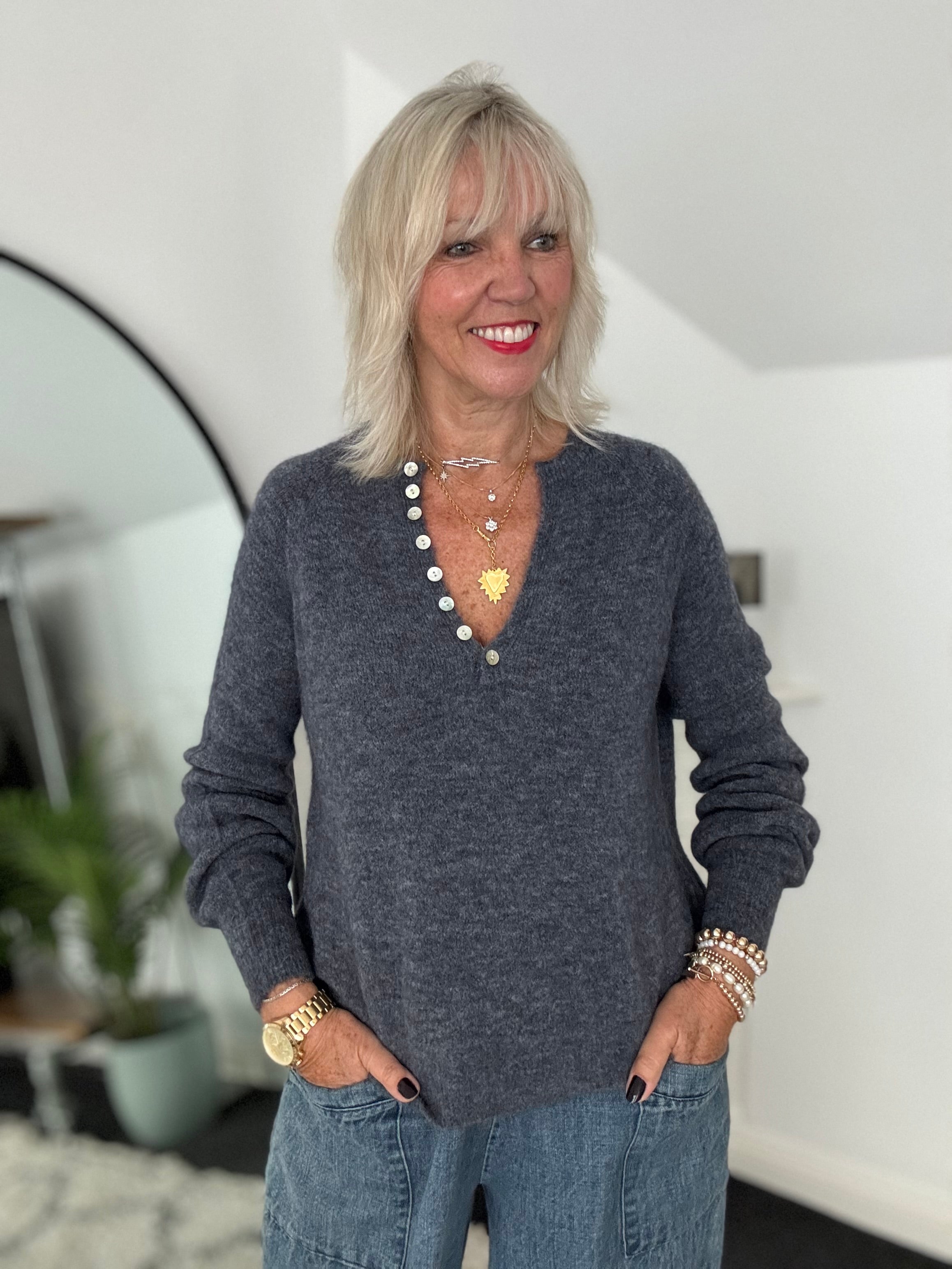 Softie Jumper with Button Neck in Charcoal