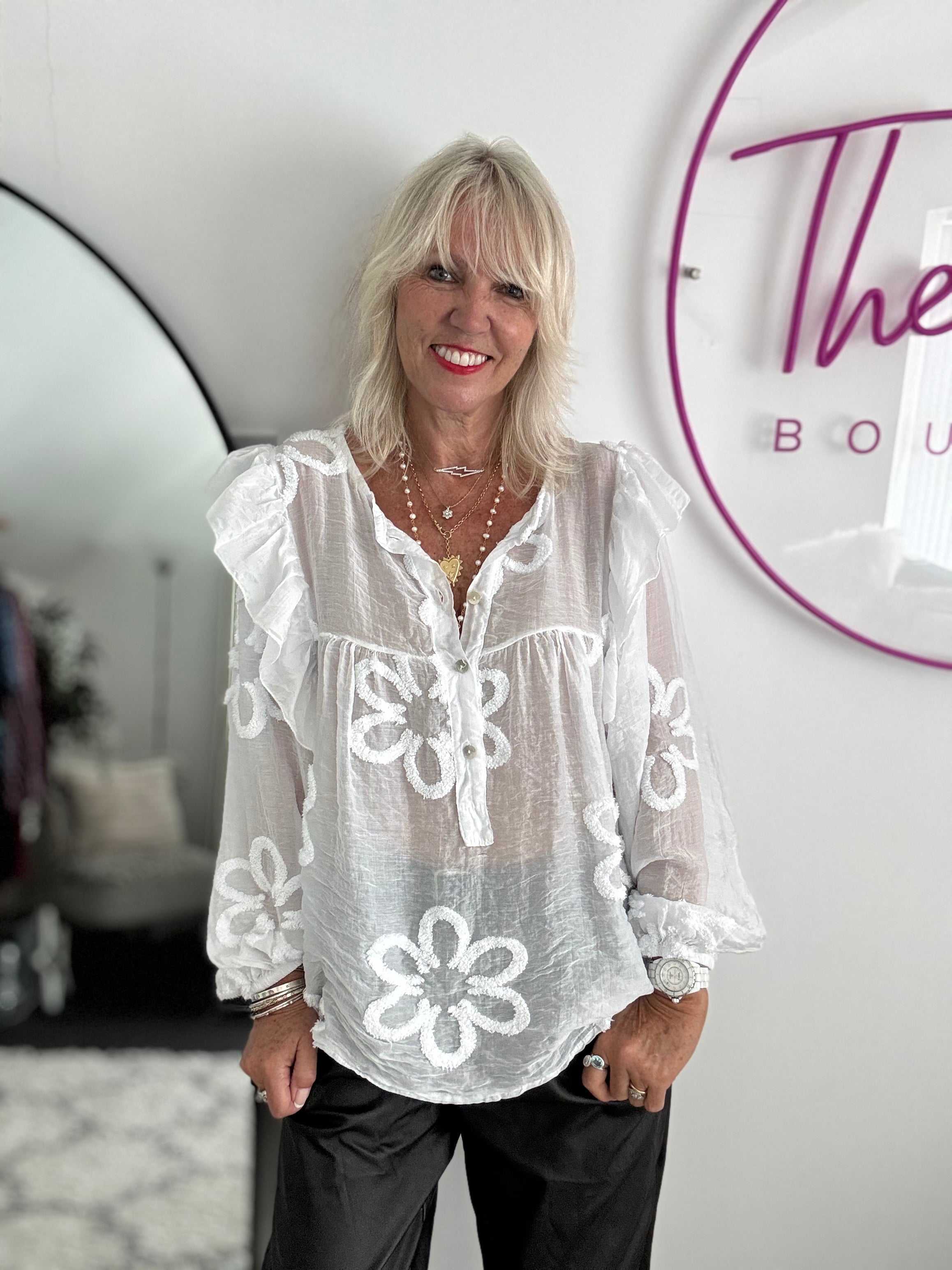 Textured Floral Design Shirt in White