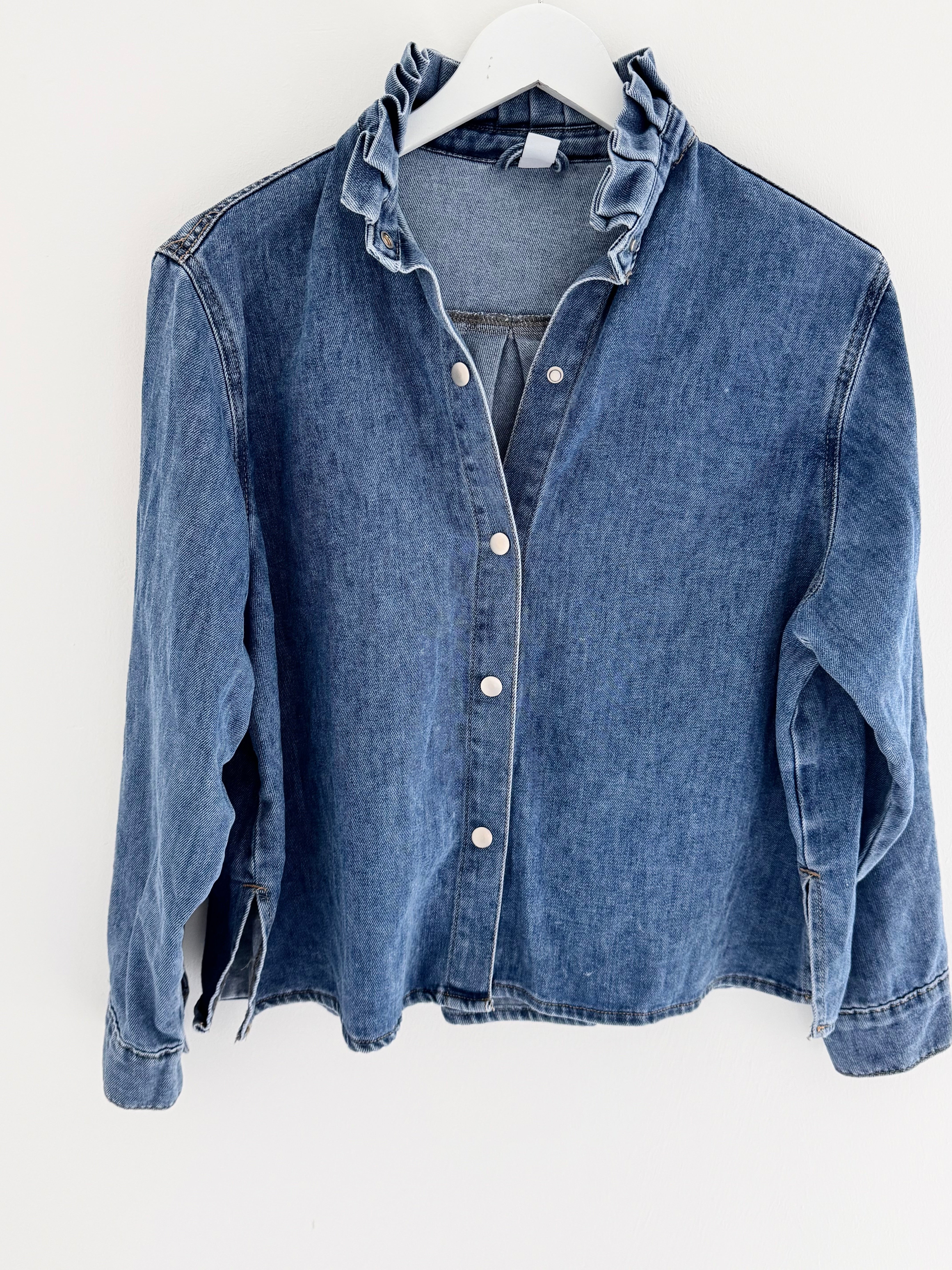 Soft Denim Shirt with Ruffle Collar
