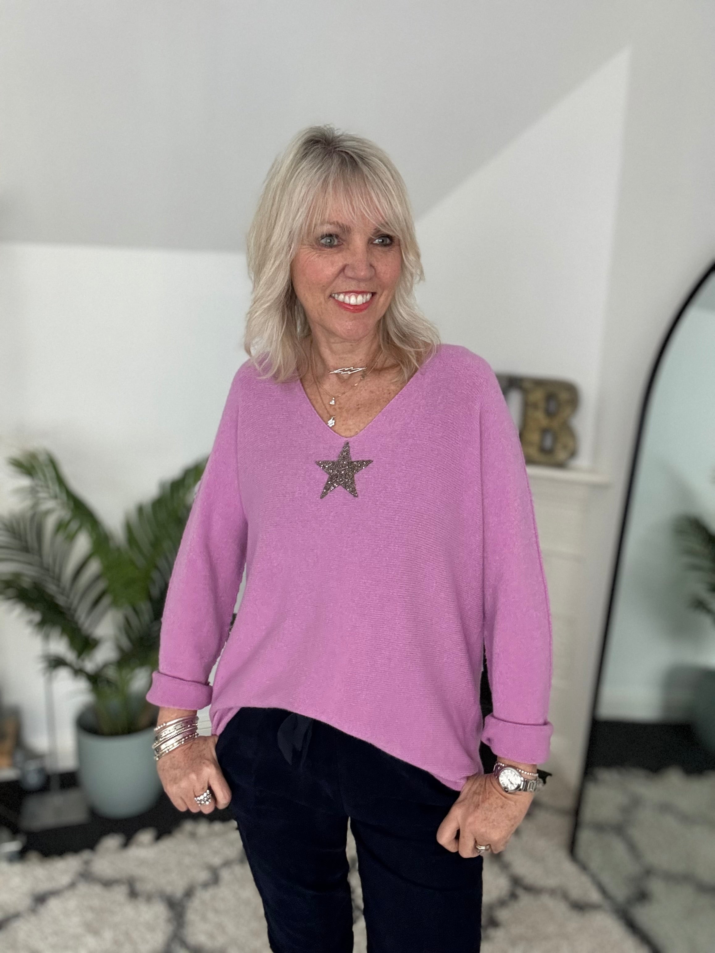 V Neck Glitter Star Jumper in Lilac