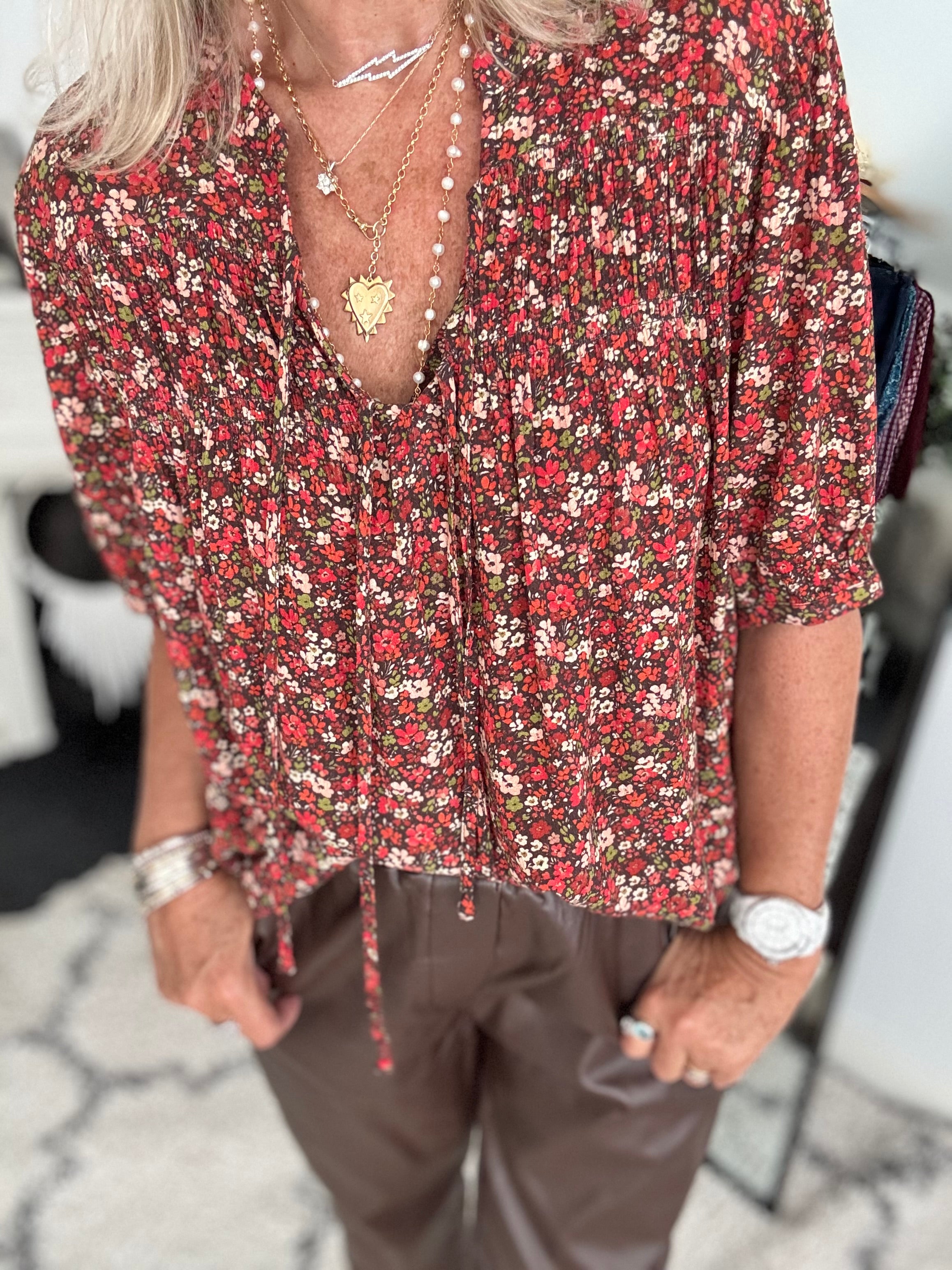 Ditsy Blouse in Red & Chocolate