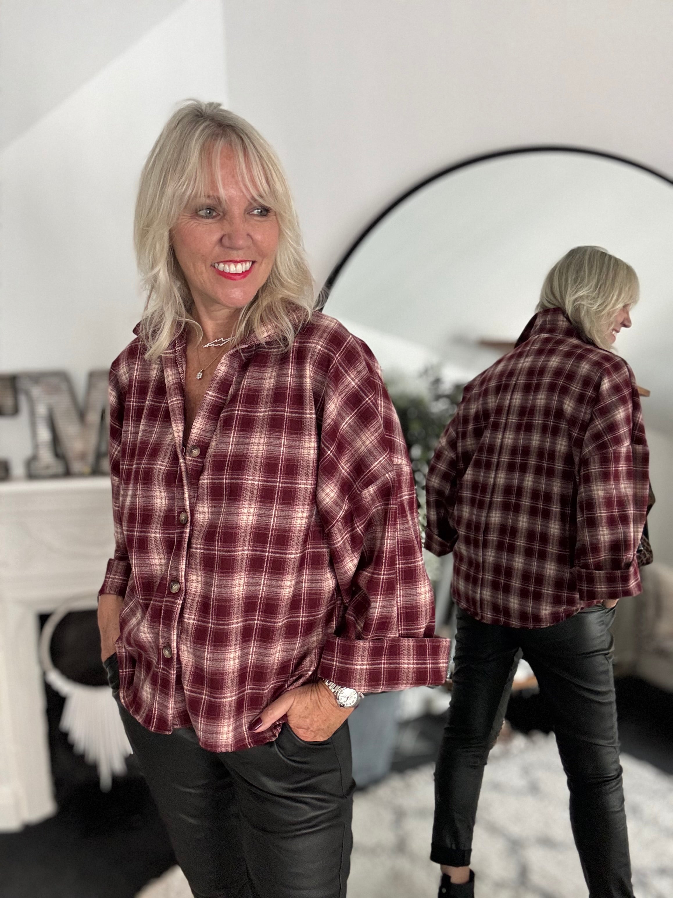 Soft Checked Shacket in Berry