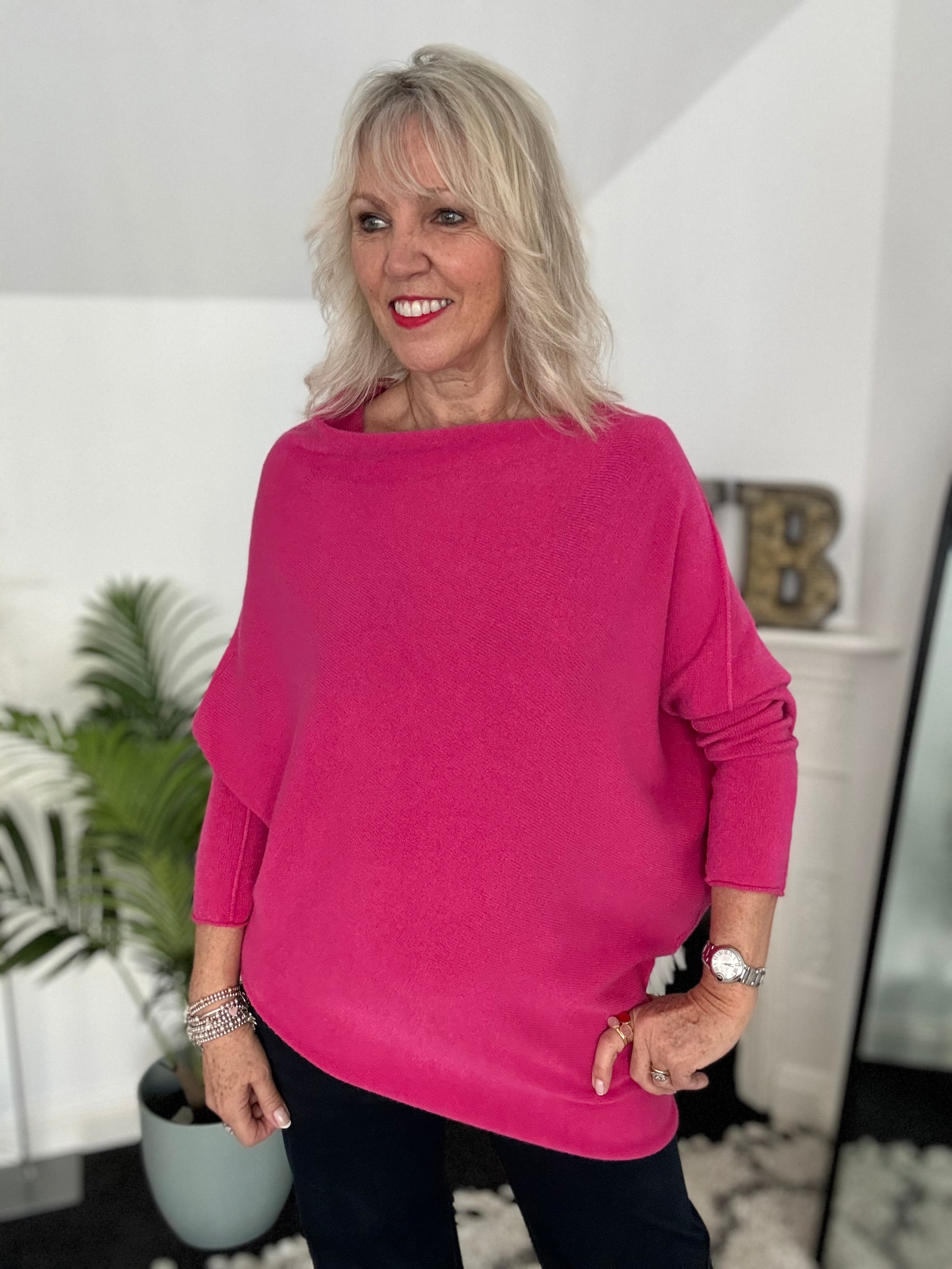Cowl Neck Asymmetric Jumper in Fuchsia
