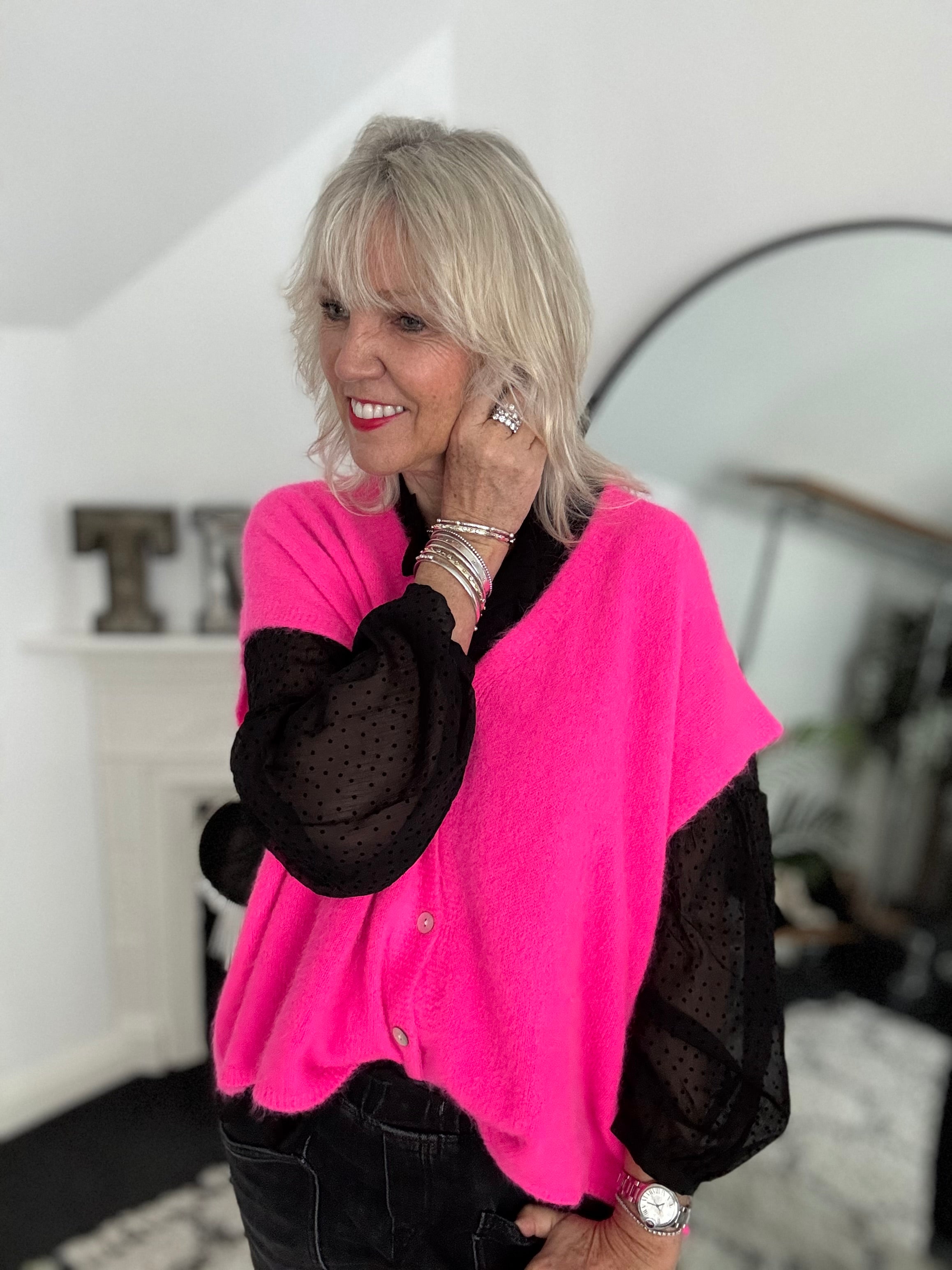 Alpaca Button Tank in Neon Pink