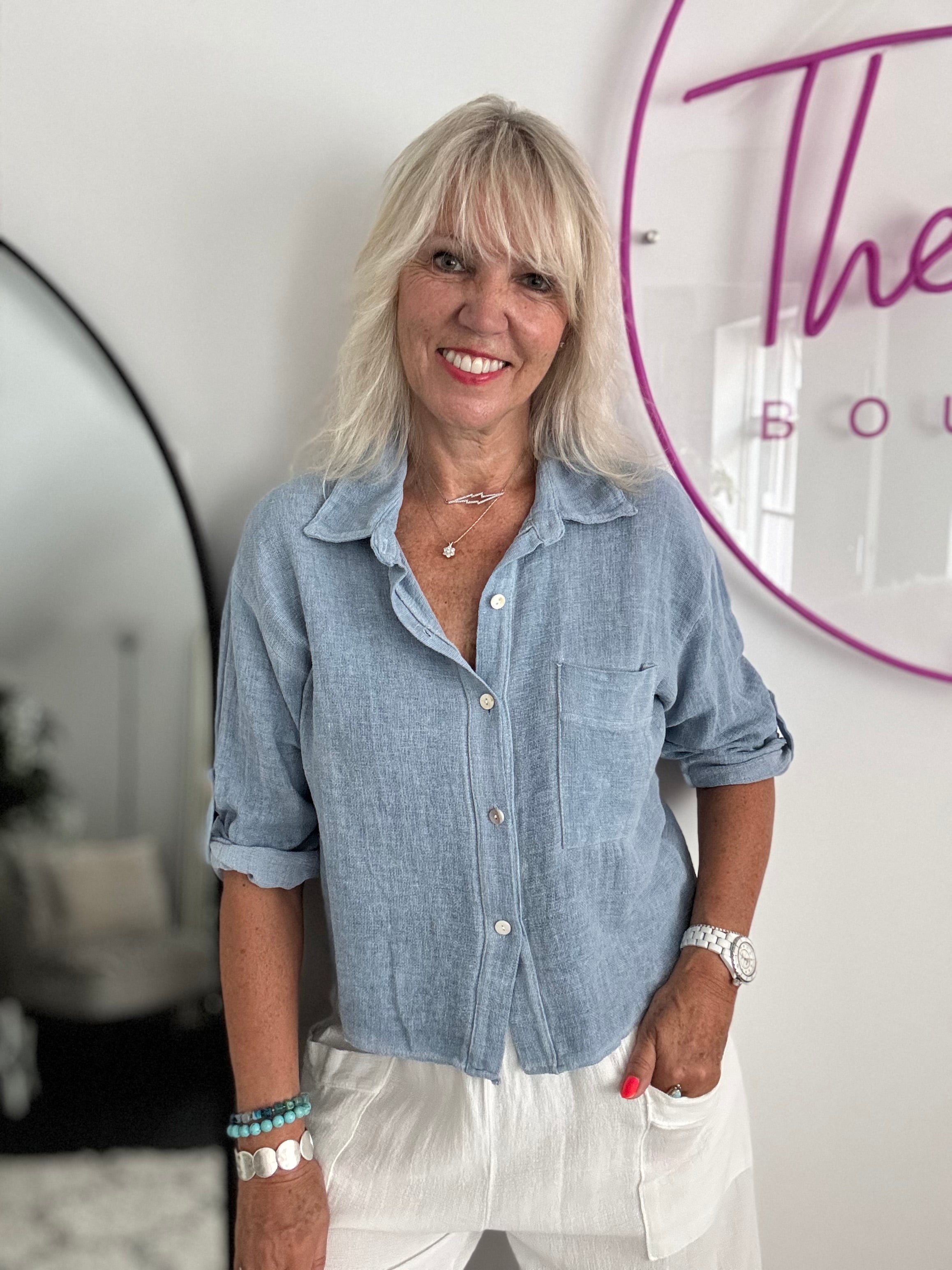Linen & Cotton Pocket Top in Denim Blue