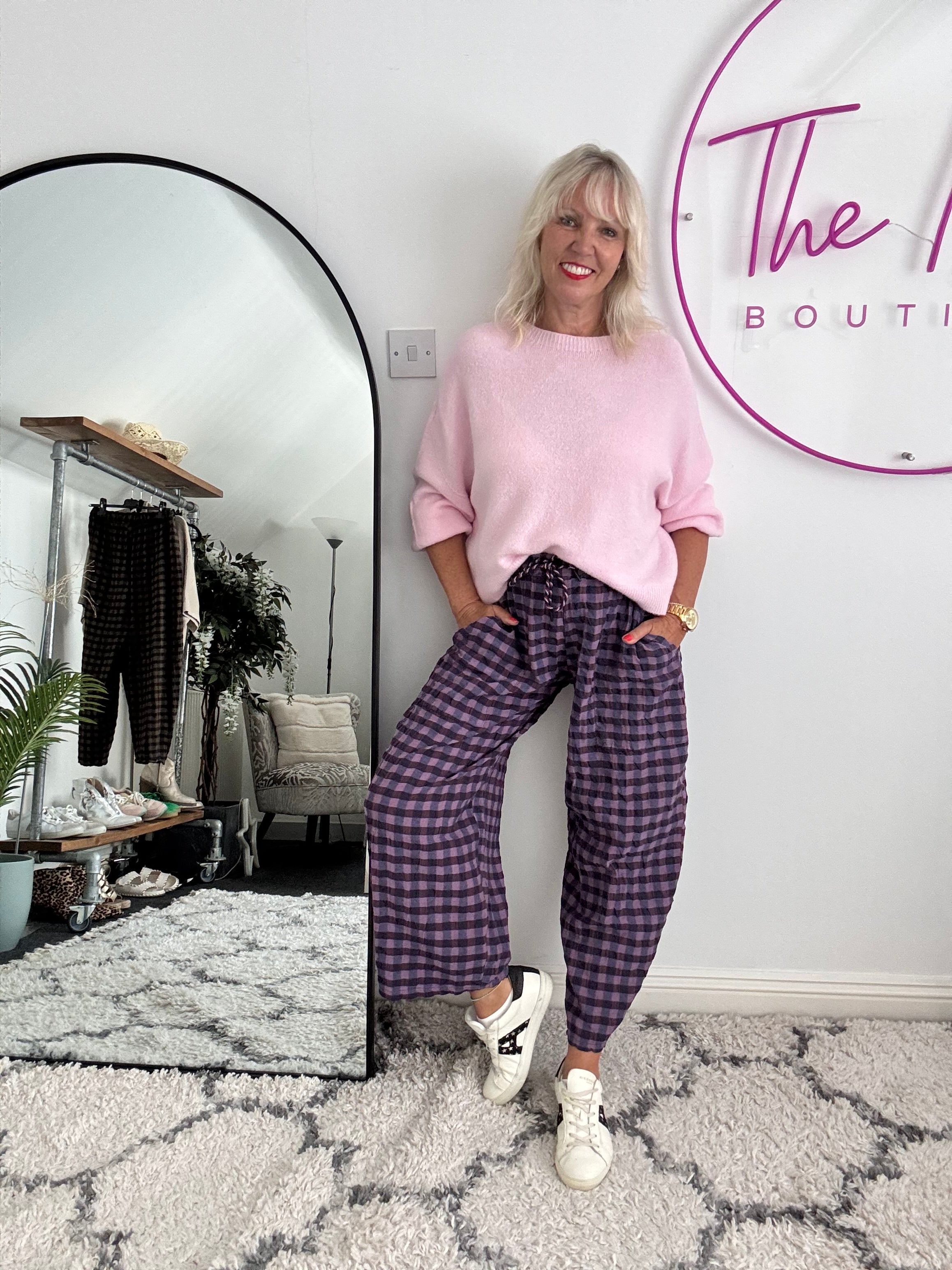 Barrel Check Trousers in Plum & Navy