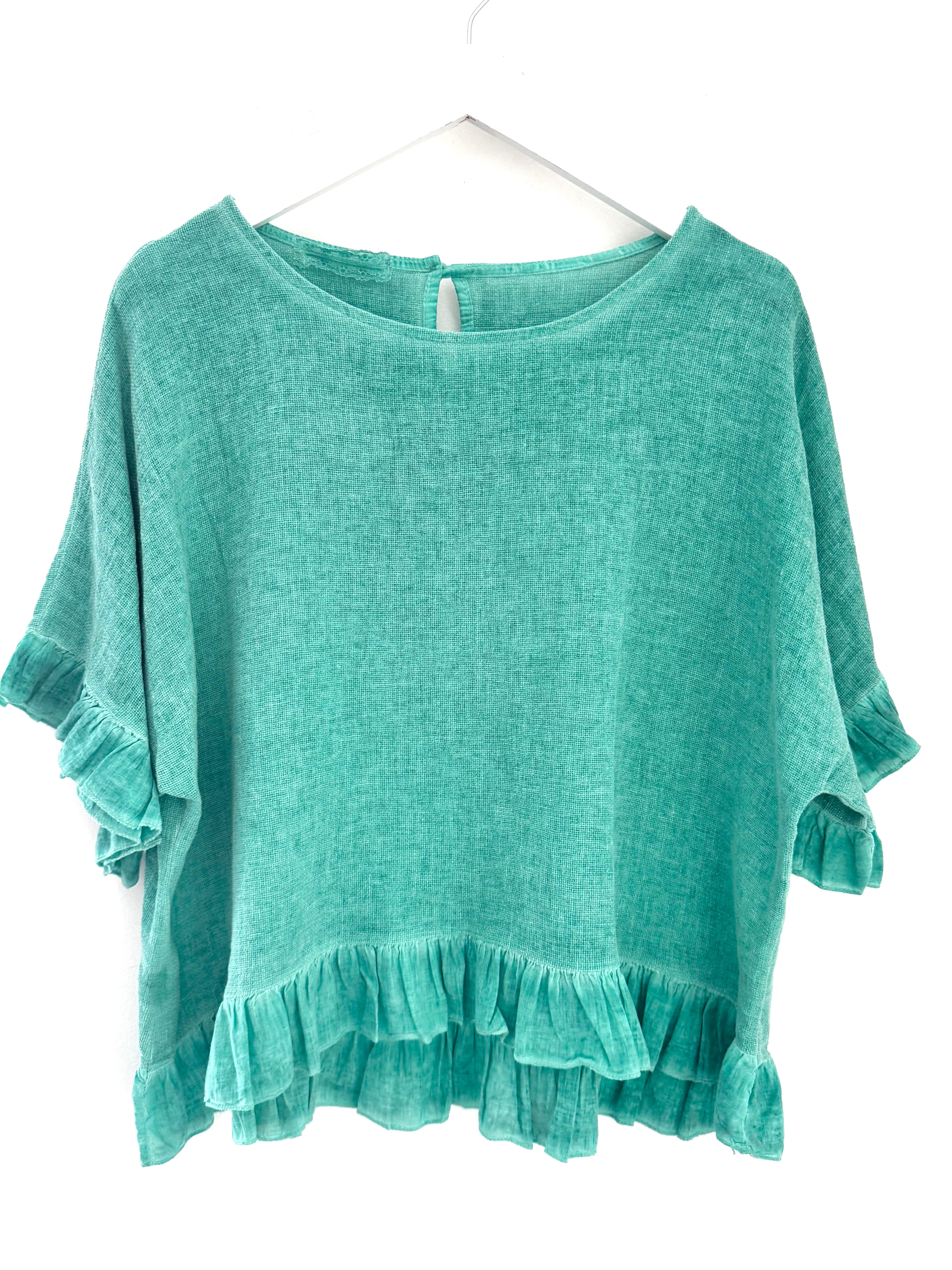 Linen & Cotton Ruffle Edge Top in Ocean Green