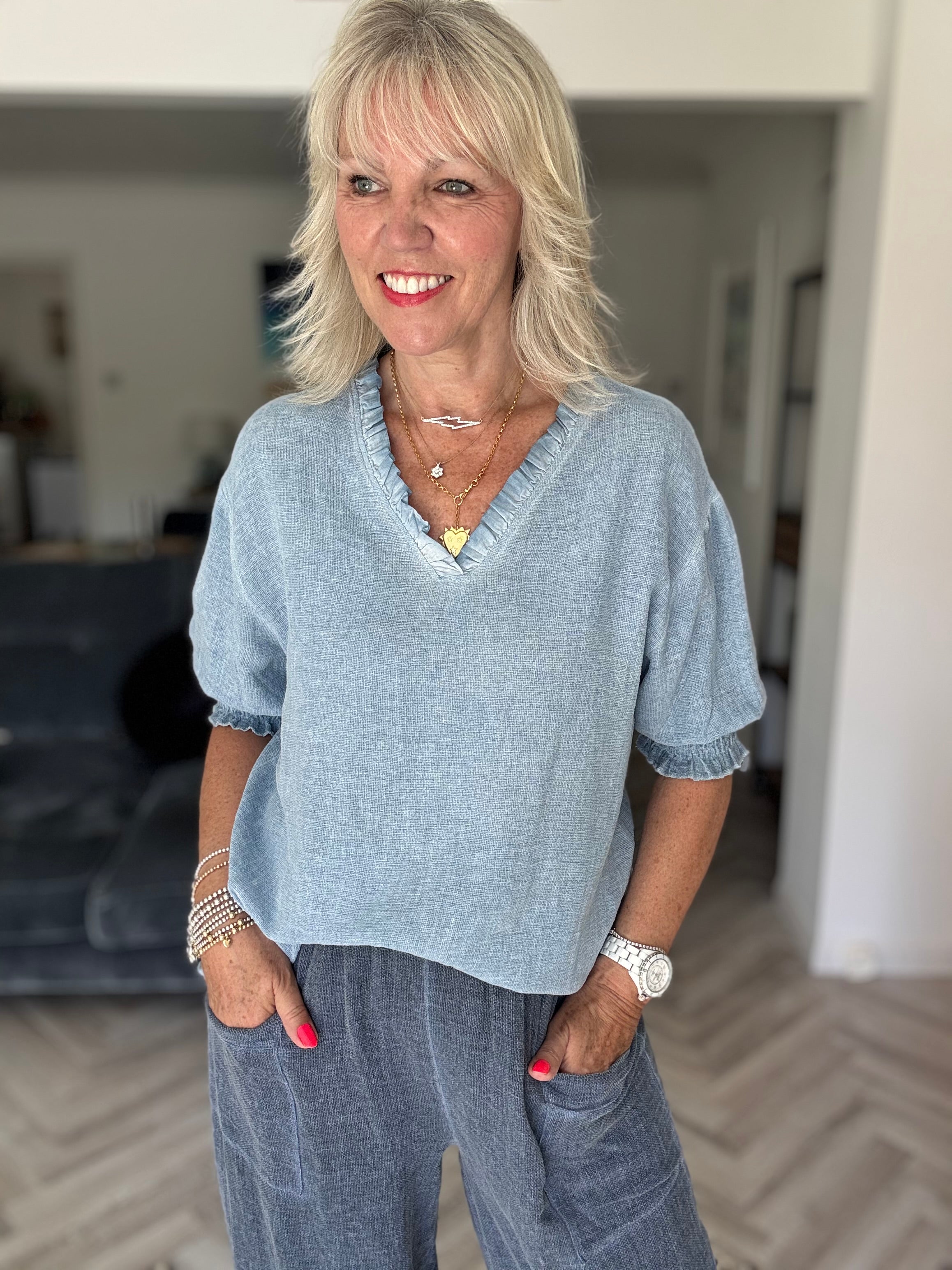 Linen & Cotton Top in Faded Blue