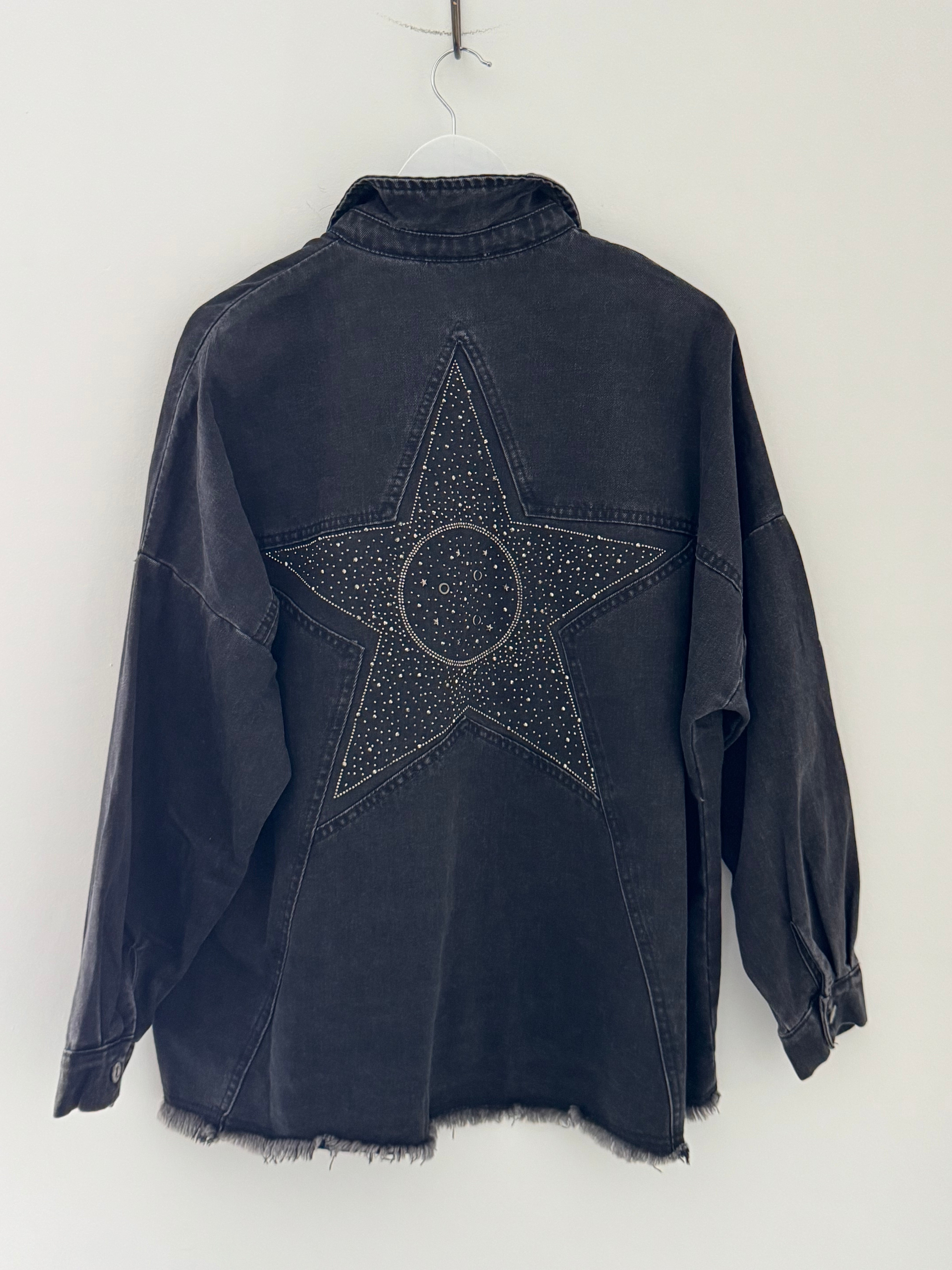 Boyfriend Shacket with Sparkly Star in Black Denim