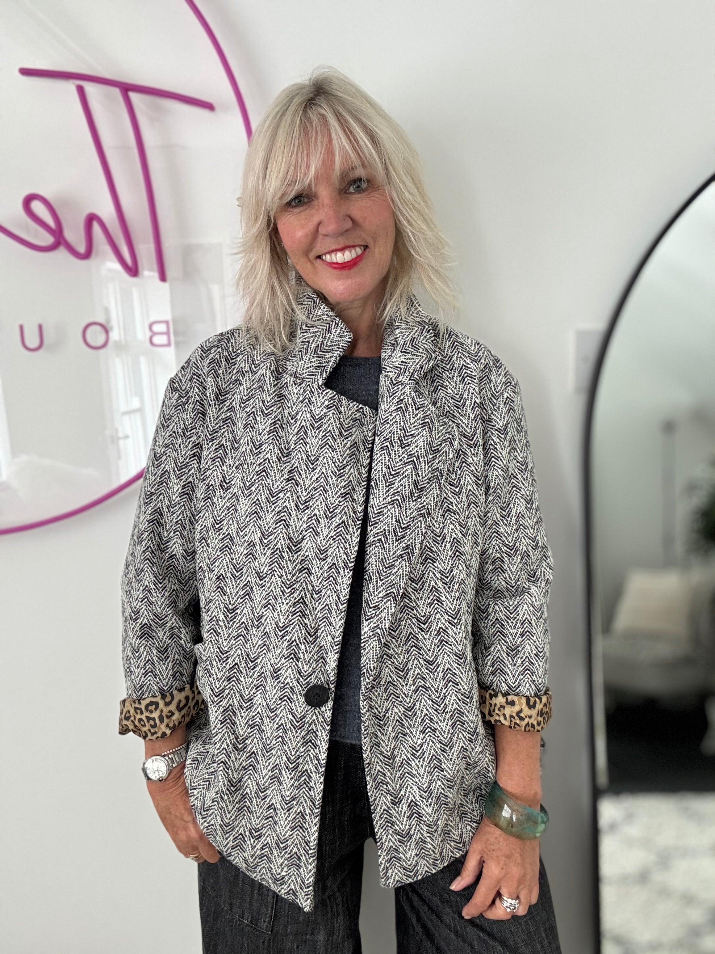Grey Tweed Boyfriend Jacket with Leopard Lining