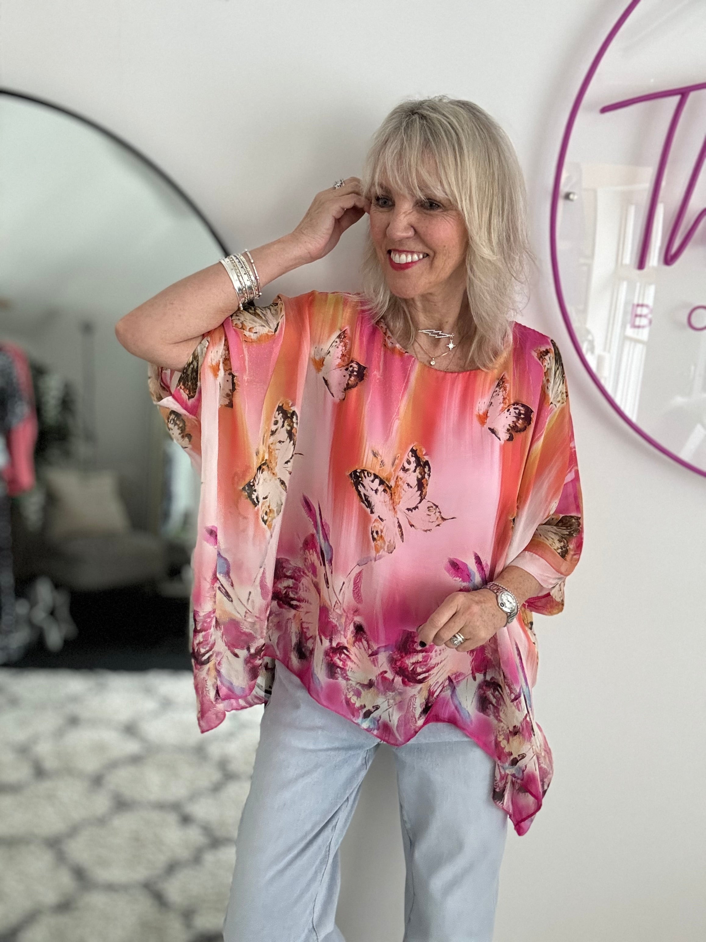 Silk Butterfly Top in Shades of Pink & Orange