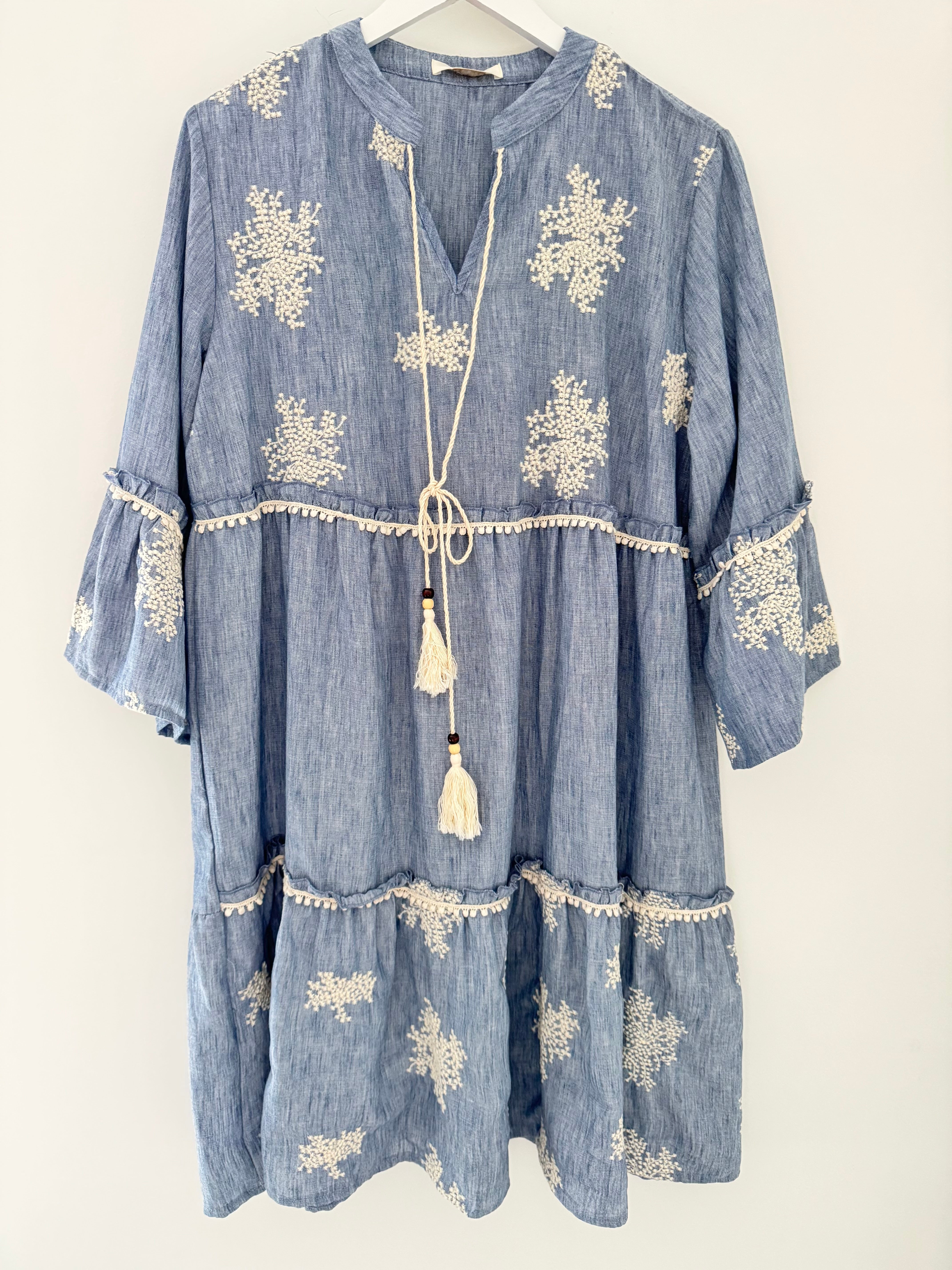 Embroidered Tiered Dress in Blue & White
