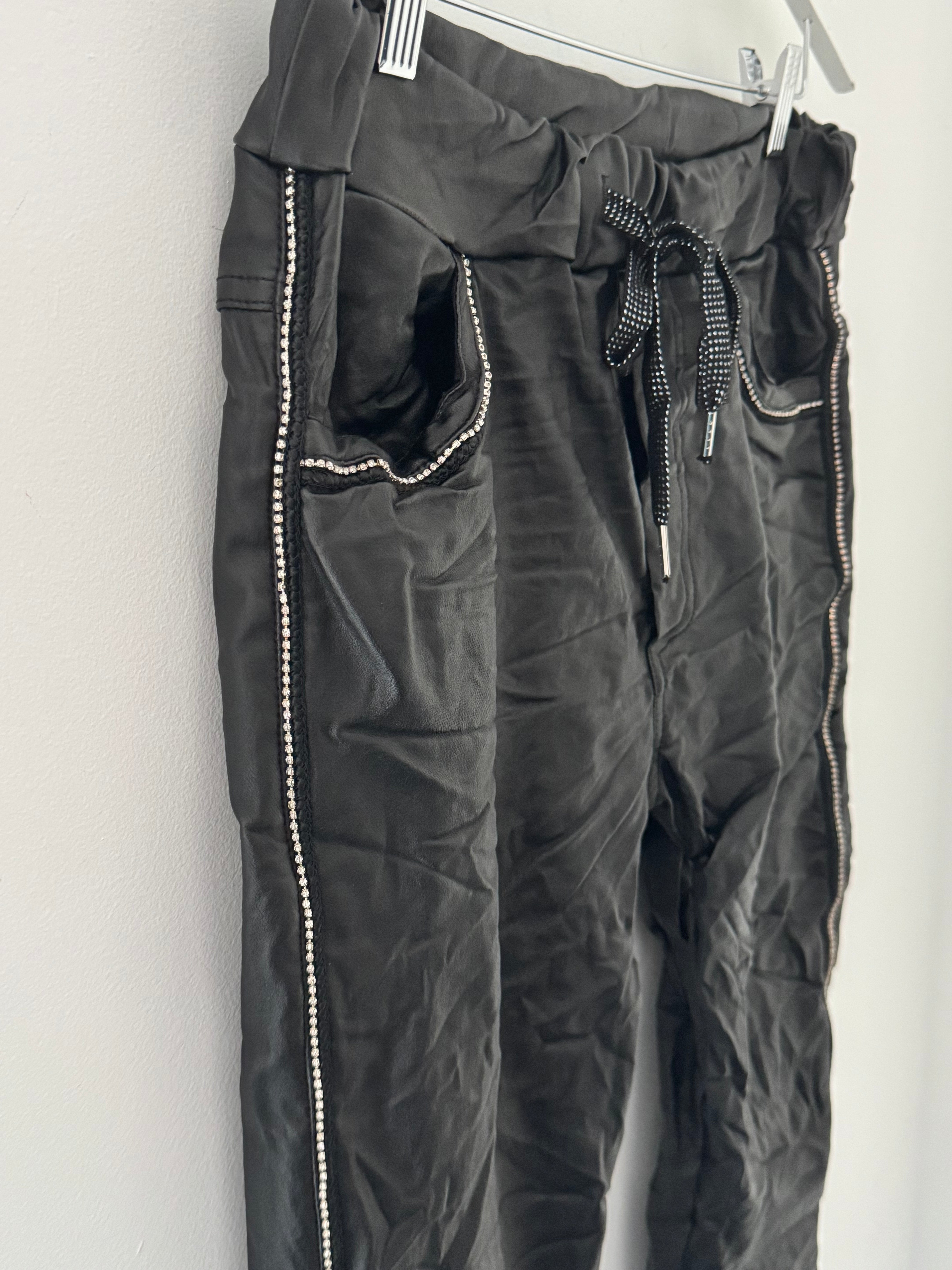 Waxed Rhinestone Joggers in Black
