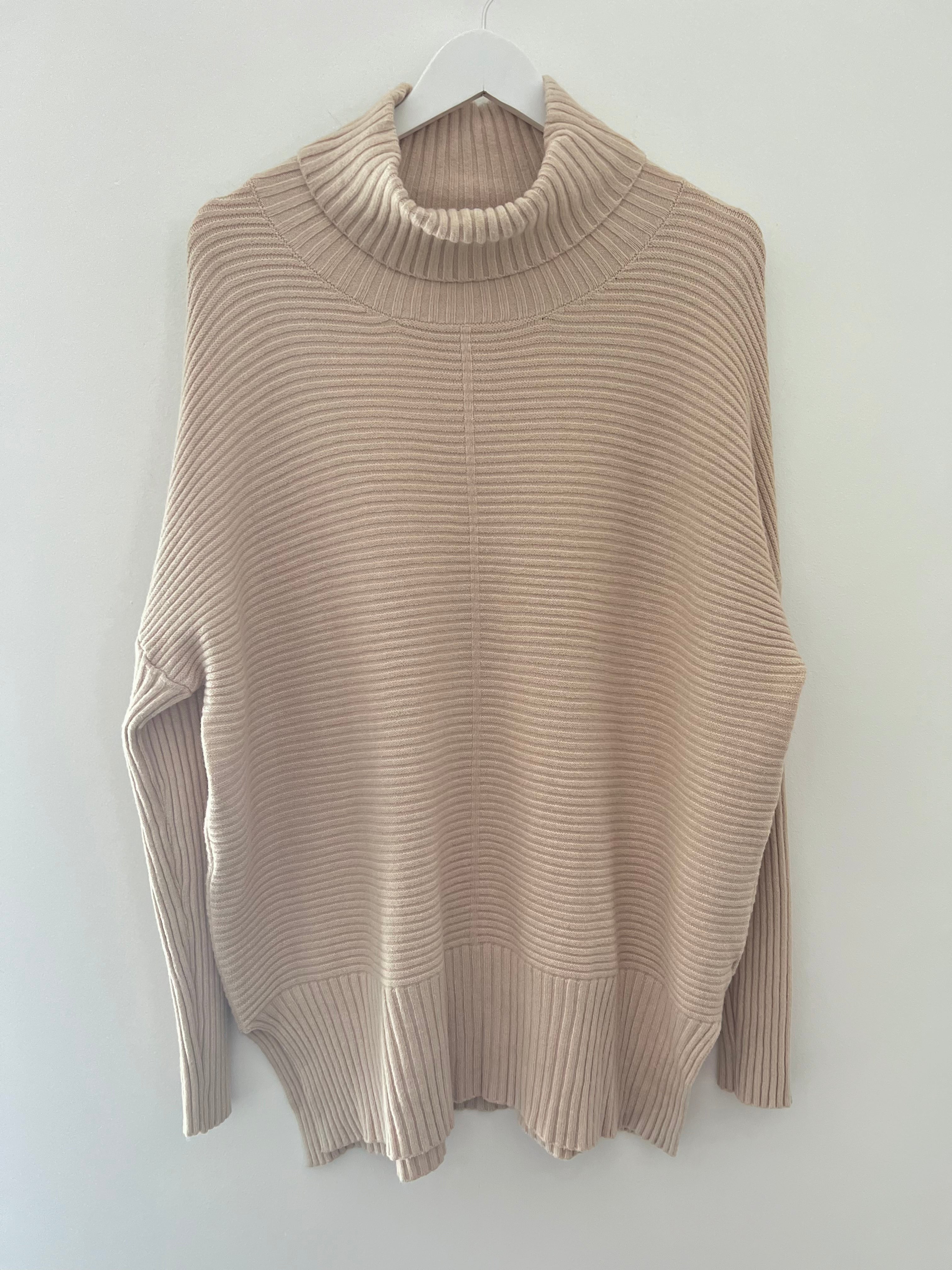 Ribbed Roll Neck Poncho Jumper In Stone