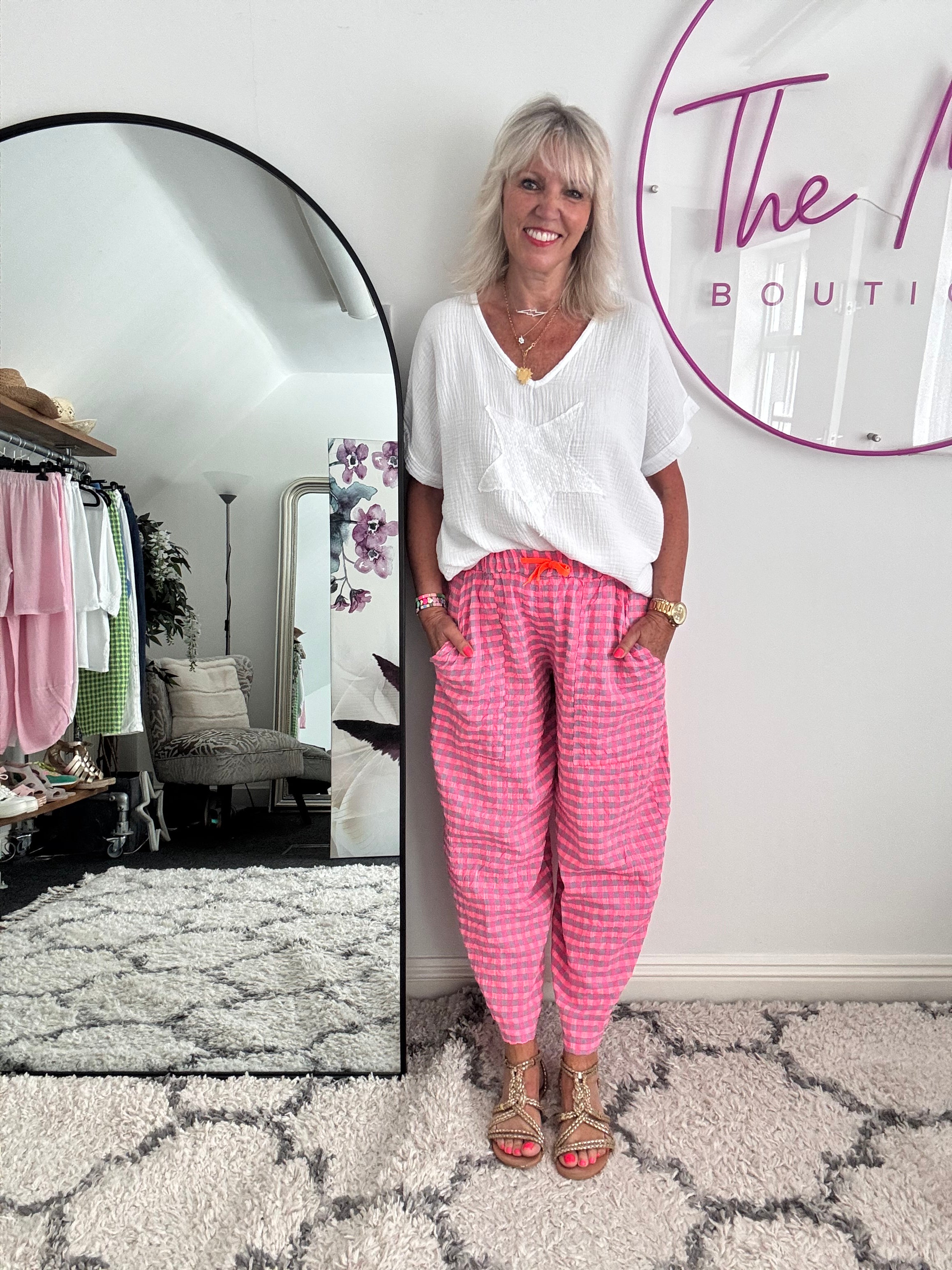 Barrel Check Trousers in Neon Pink
