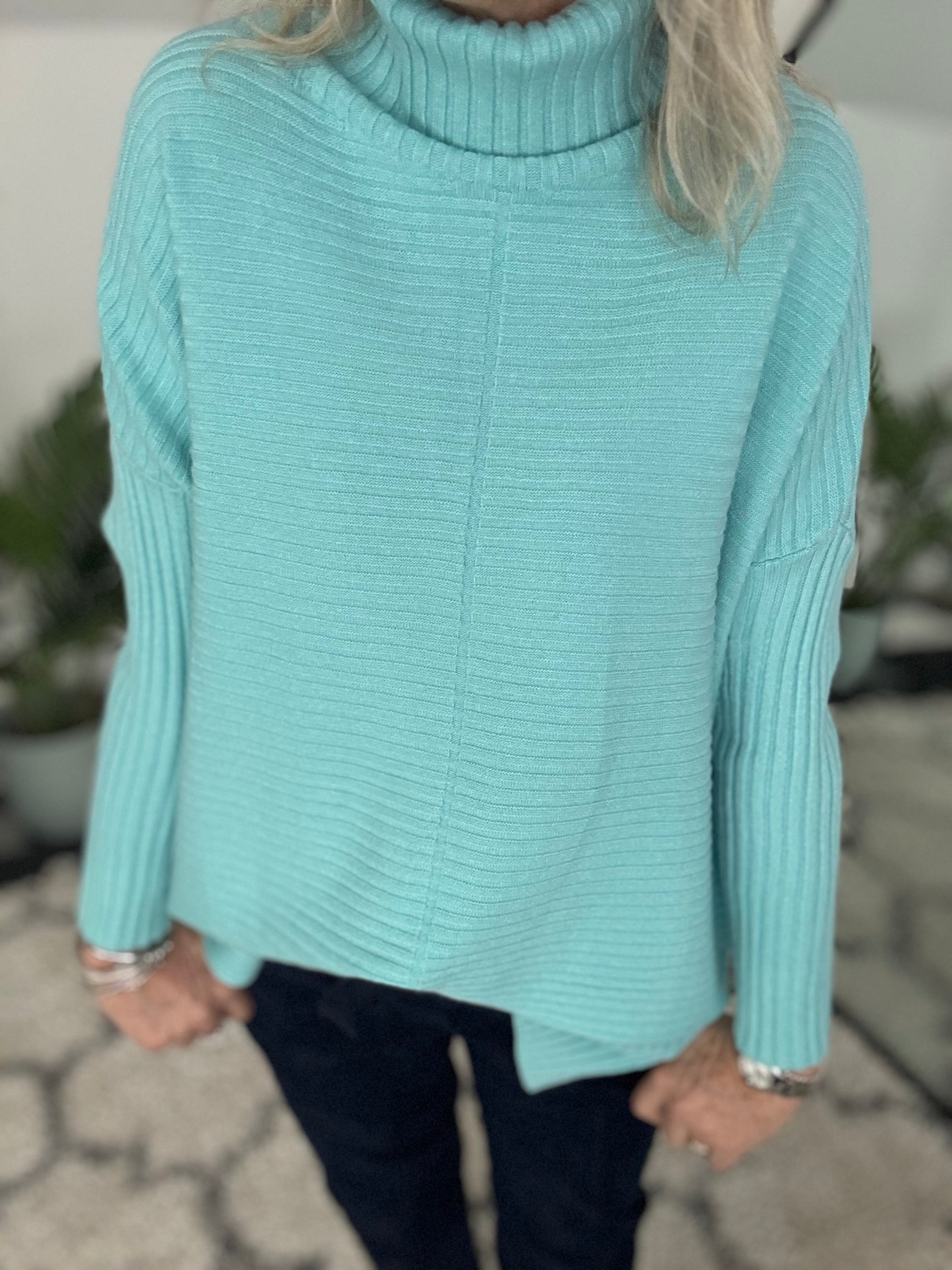 Ribbed Roll Neck Poncho Jumper In Aqua