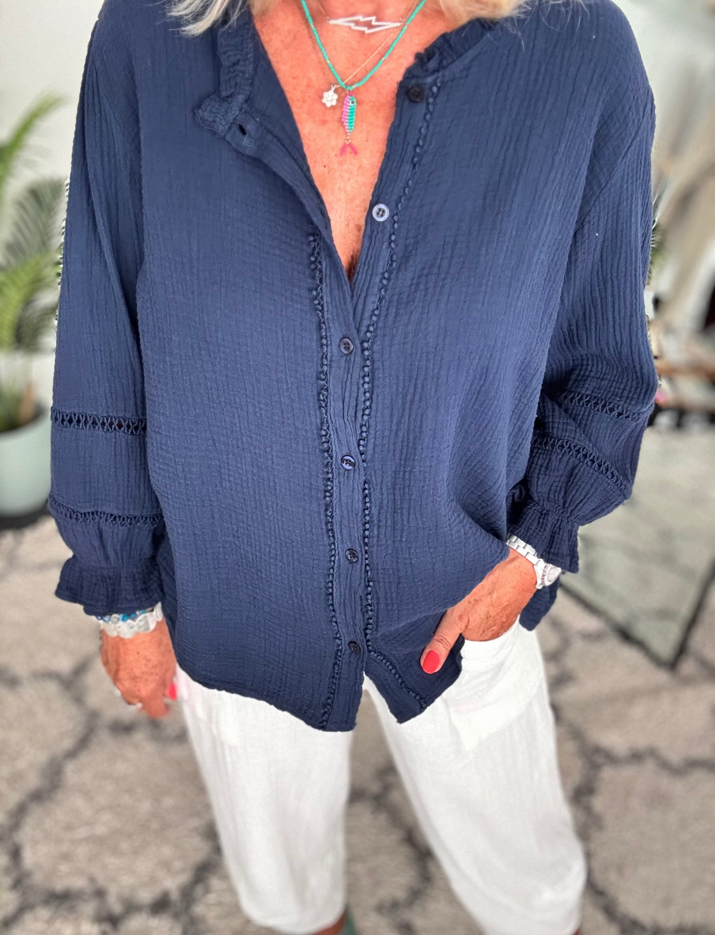 Detailed Cheesecloth Shirt in Navy