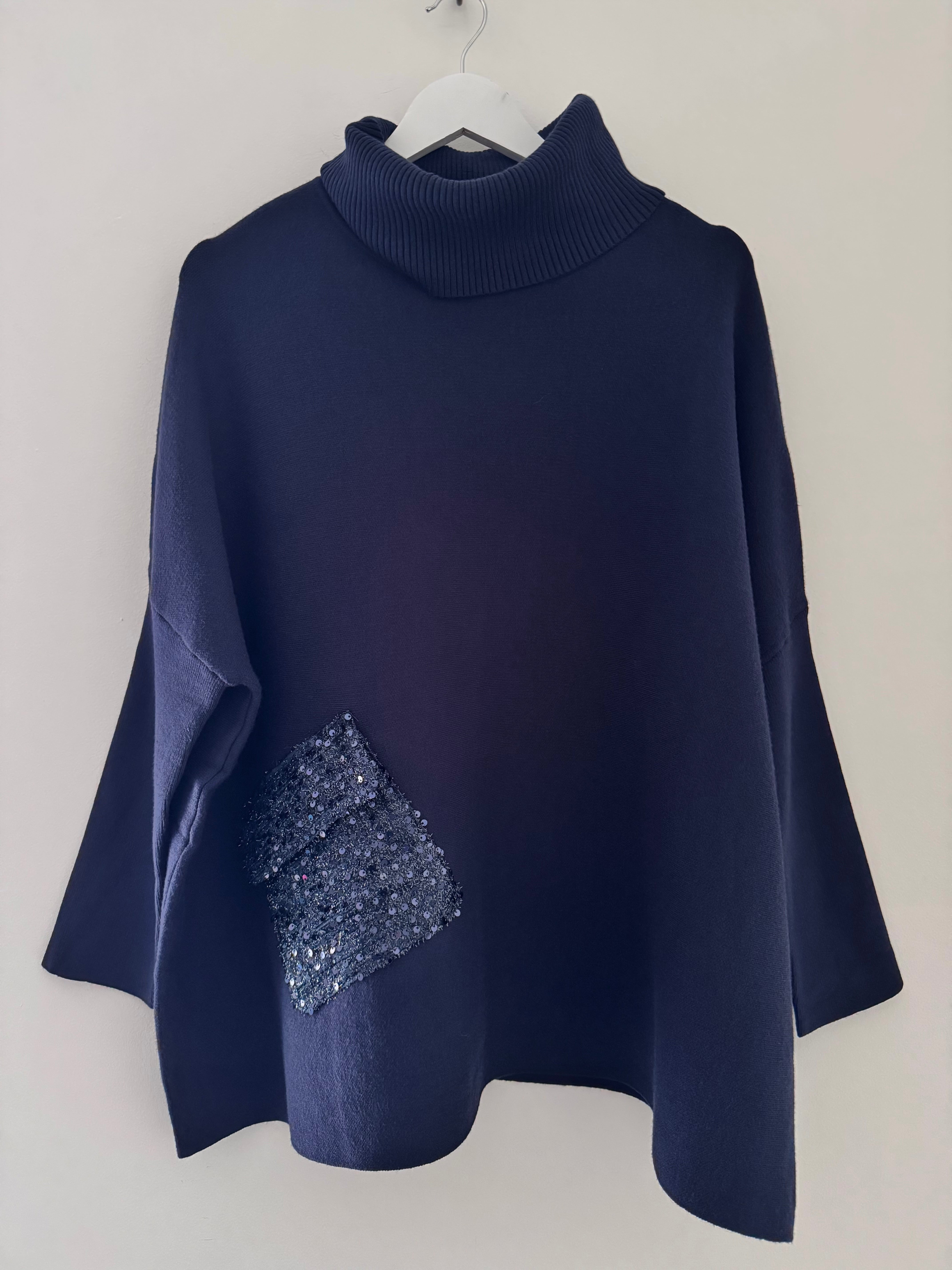 Oversized Roll Neck Poncho Jumper in Ink