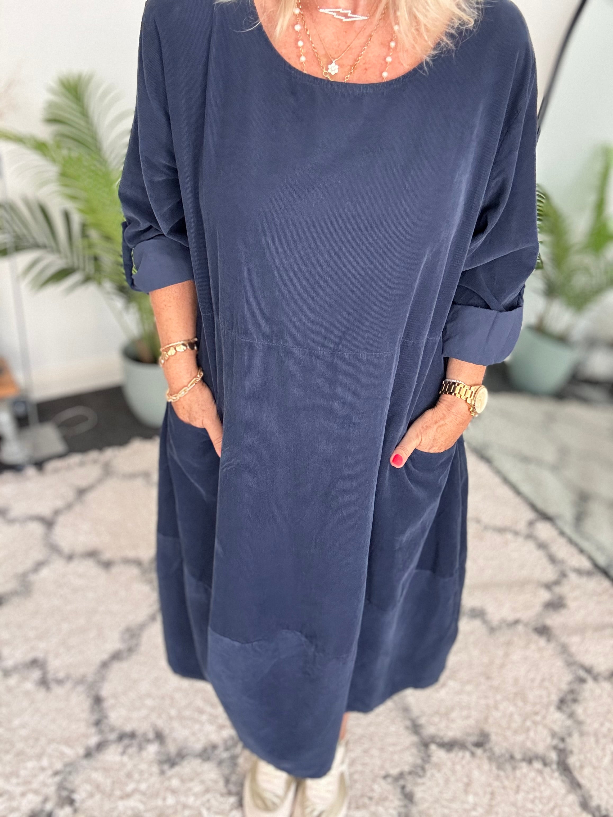 Fine Cord Cocoon Dress in Navy