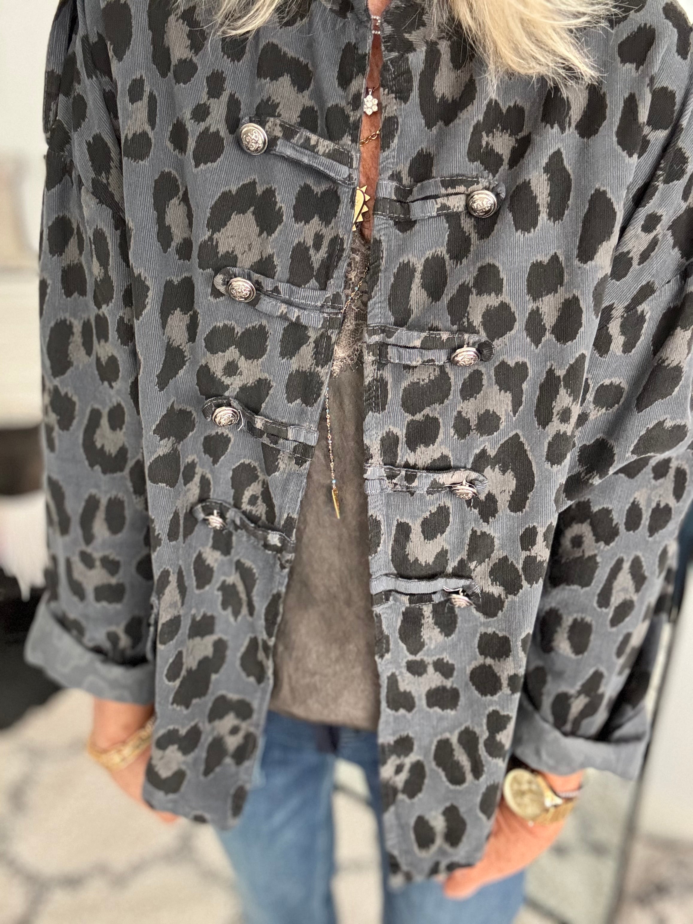 Needlecord Military Jacket in Grey Leopard