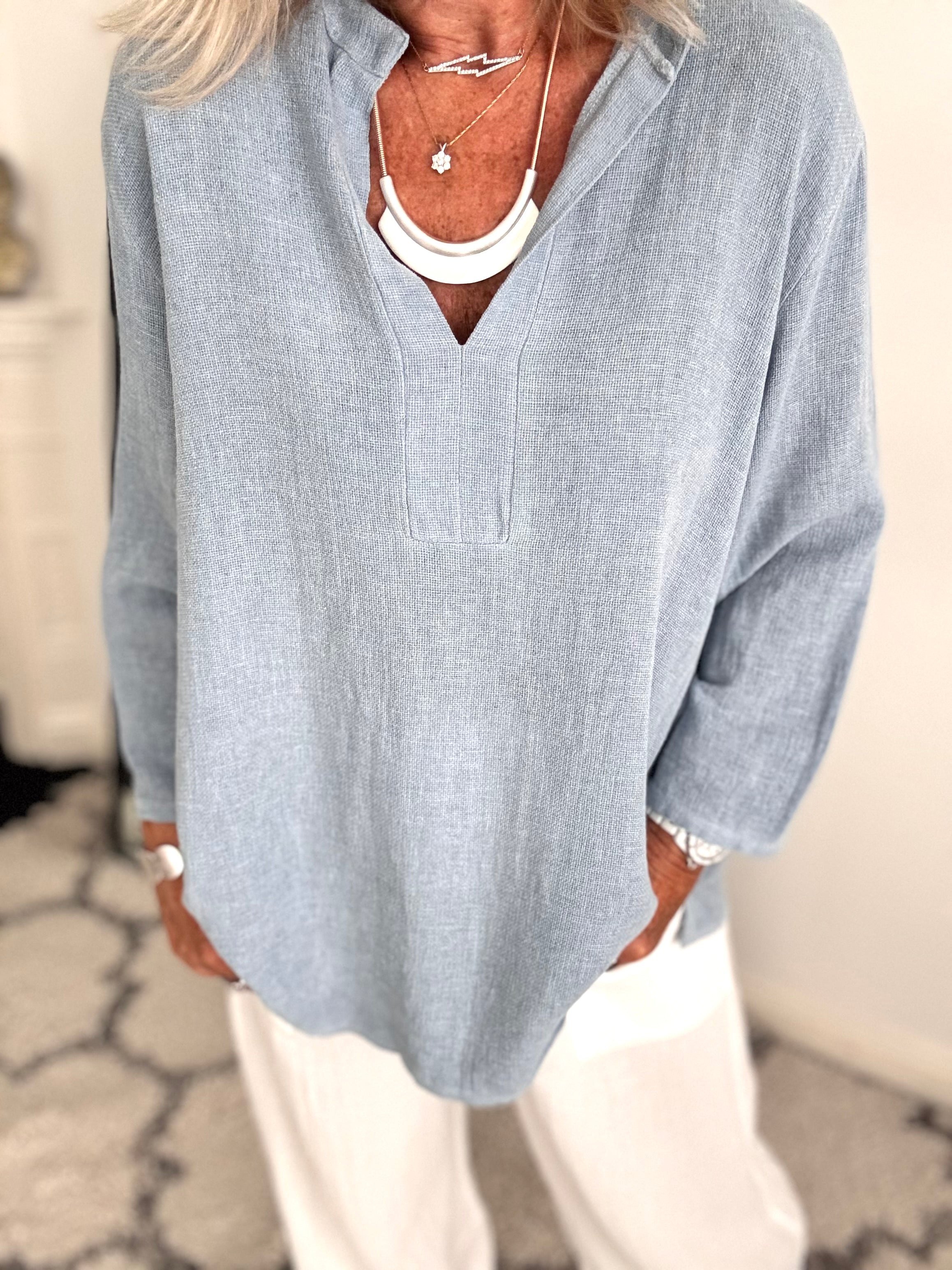 Linen & Cotton Shirt in Light Denim Blue