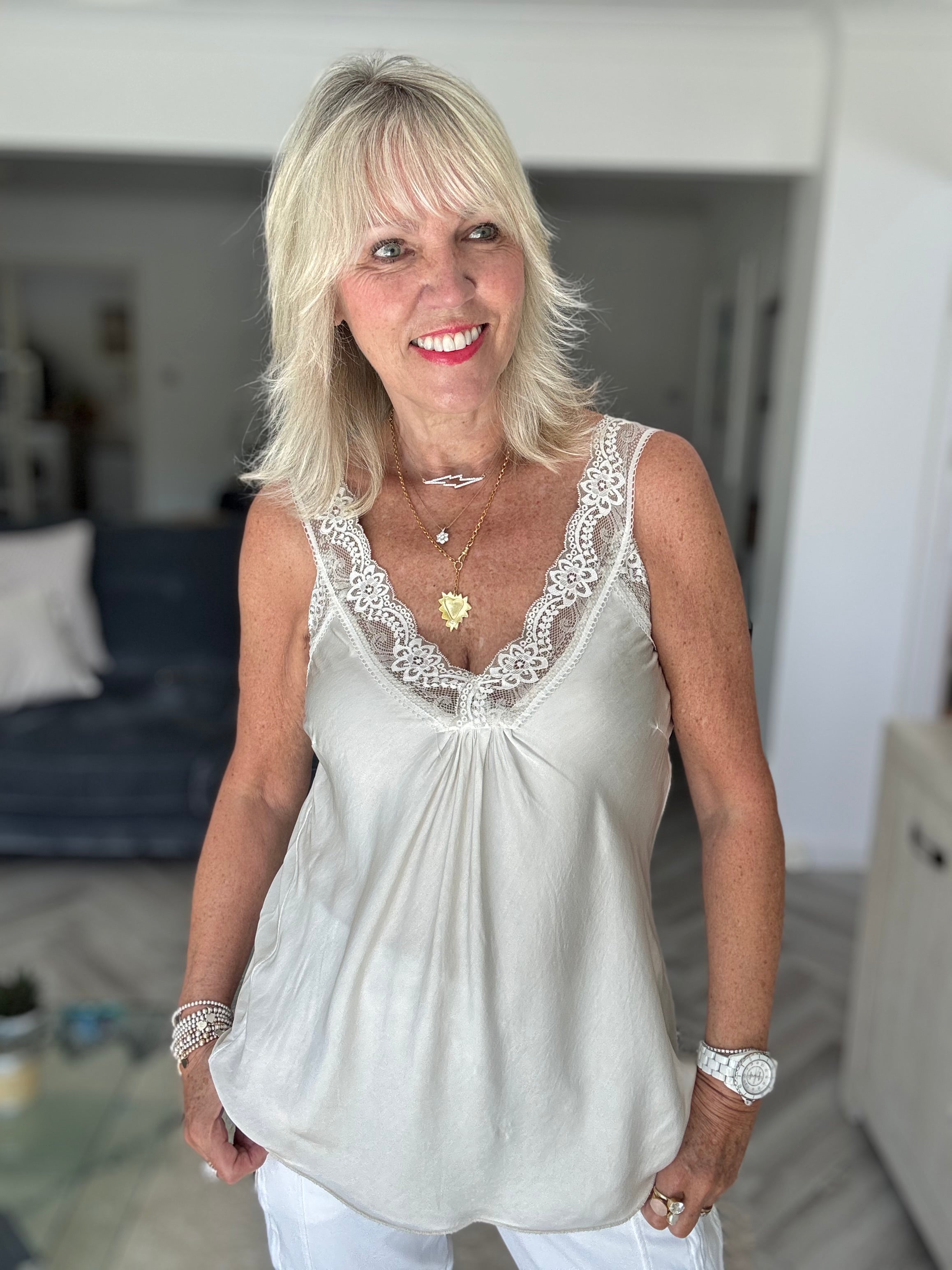 Lace Trim Silk Cami in Silvery Ecru