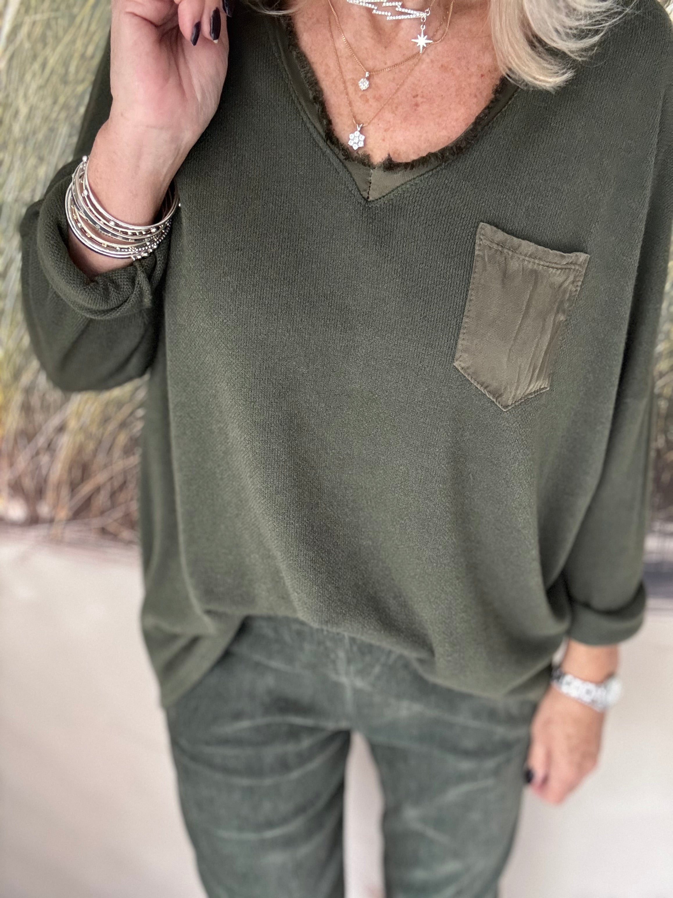 Long Sleeve Knit with Silky Pocket in Khaki