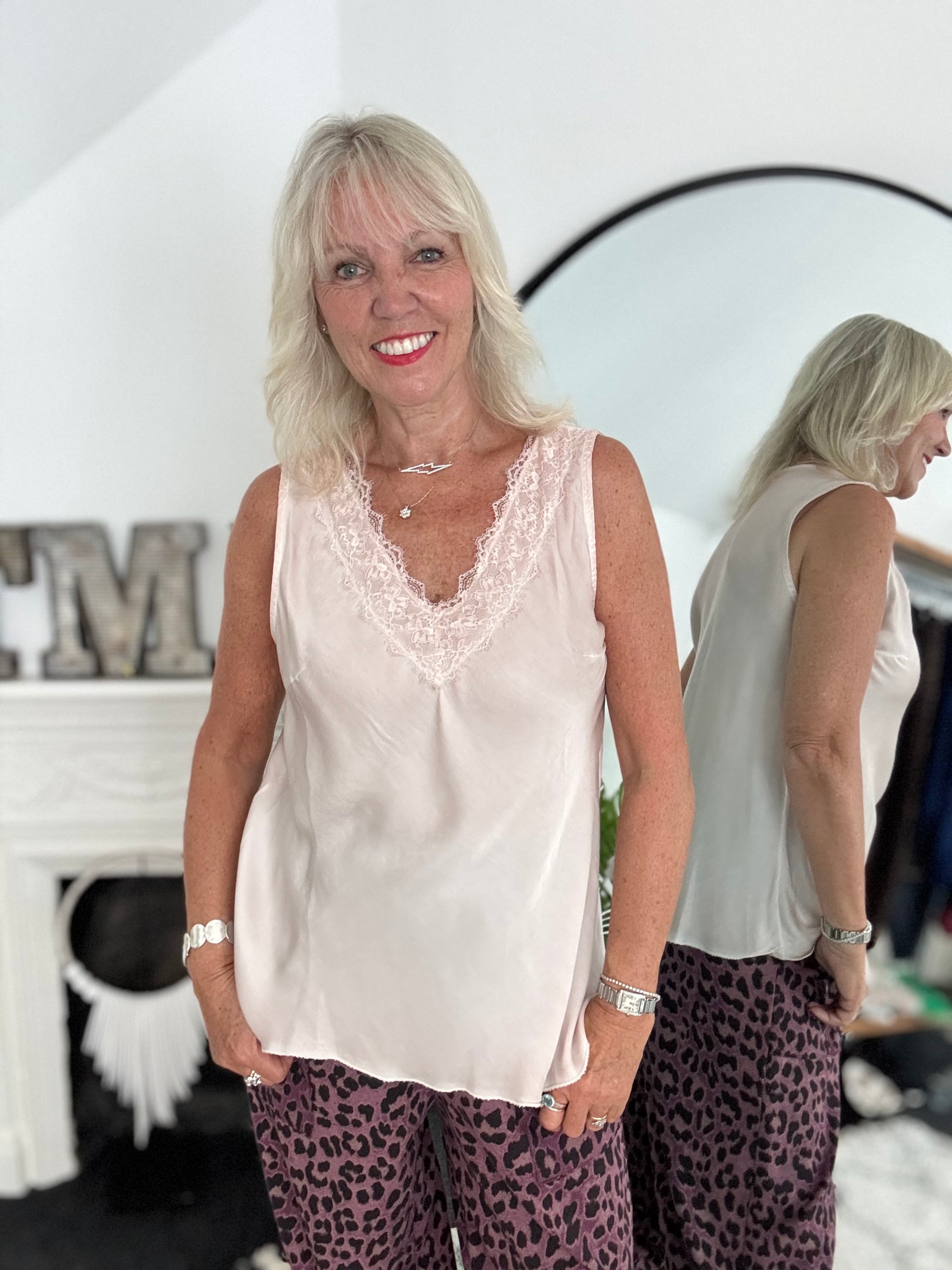 Lace Trim Silk Top in Shell Pink