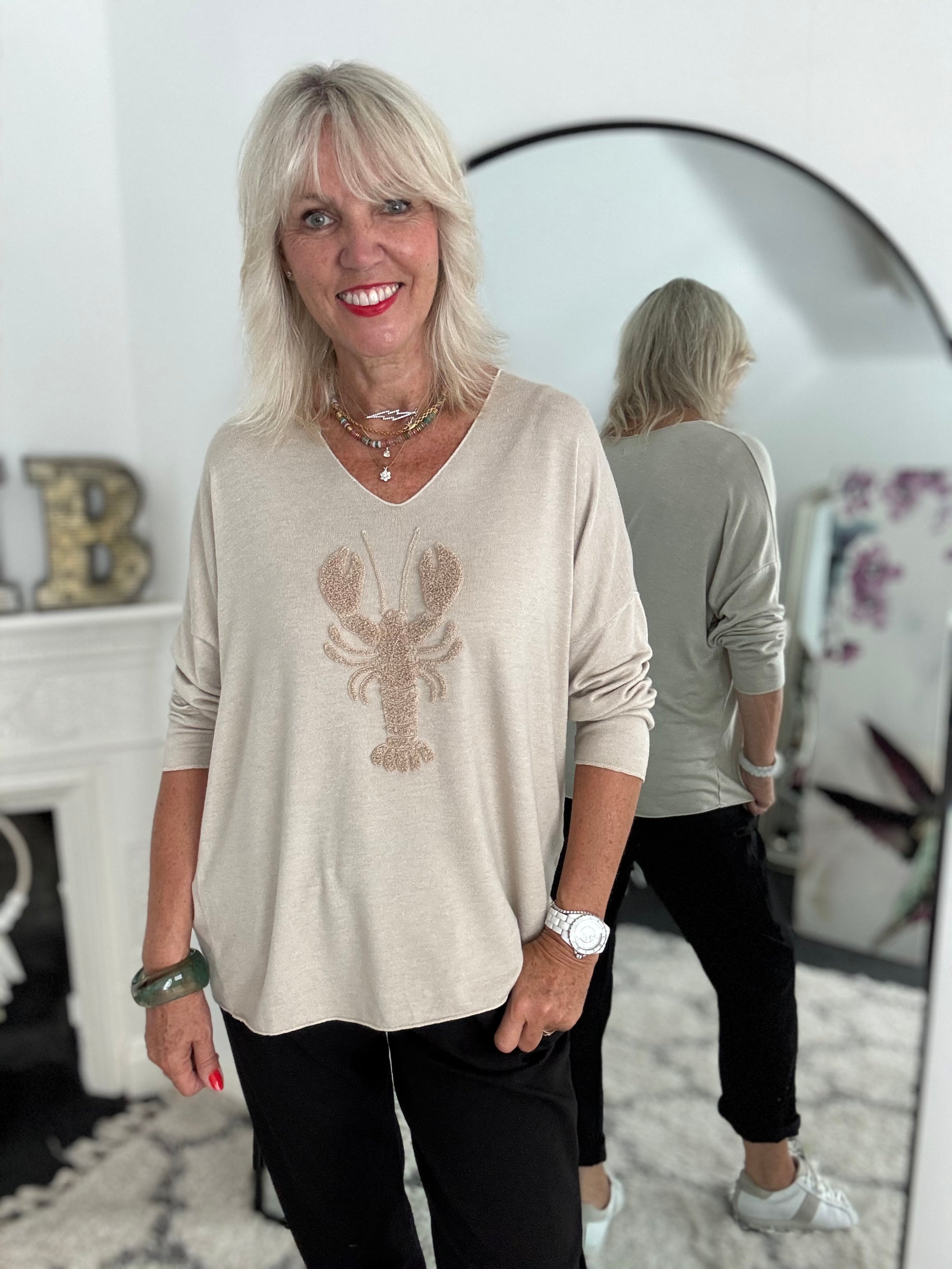 Soft V Neck Lobster Knit in Stone