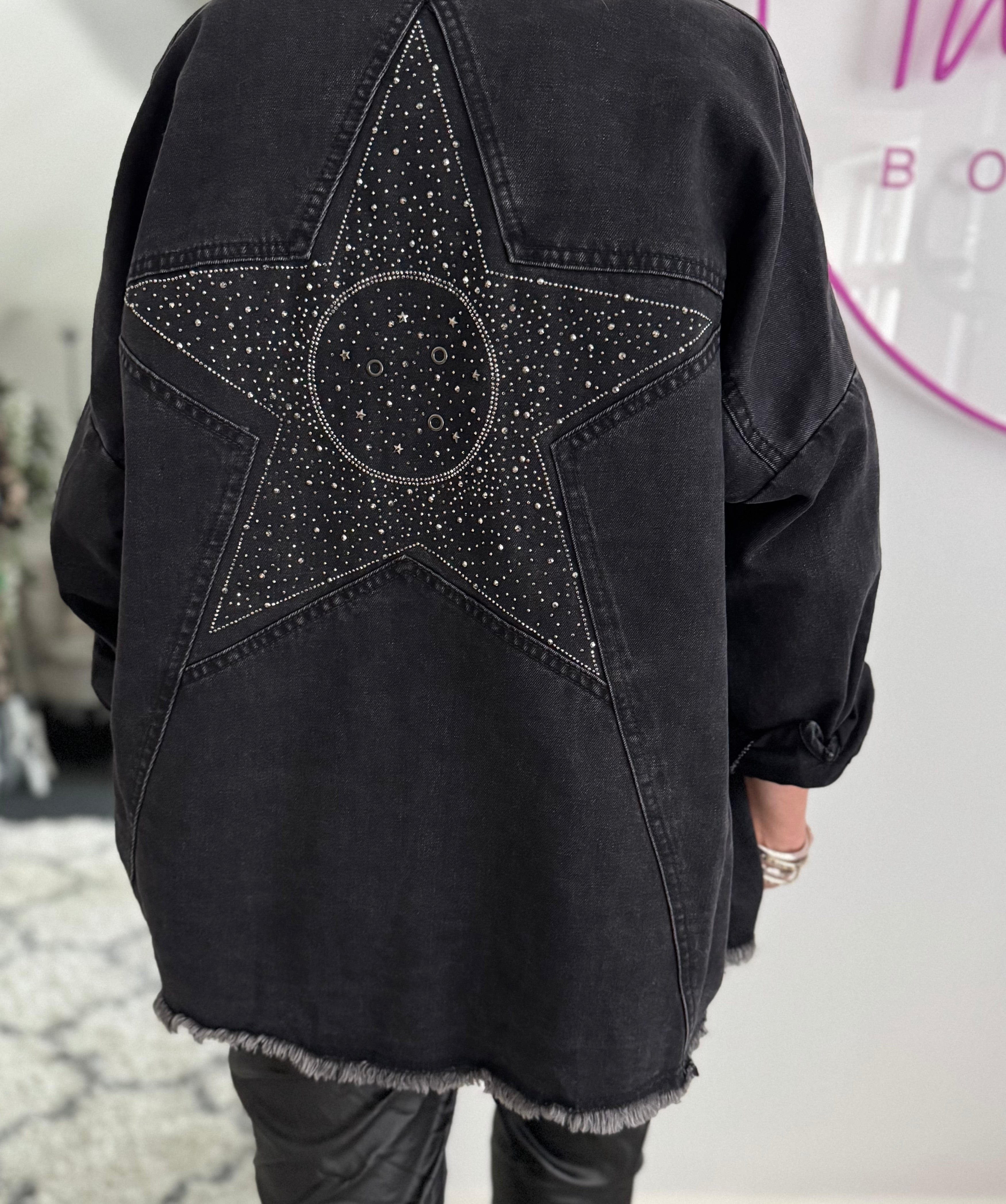 Boyfriend Shacket with Sparkly Star in Black Denim