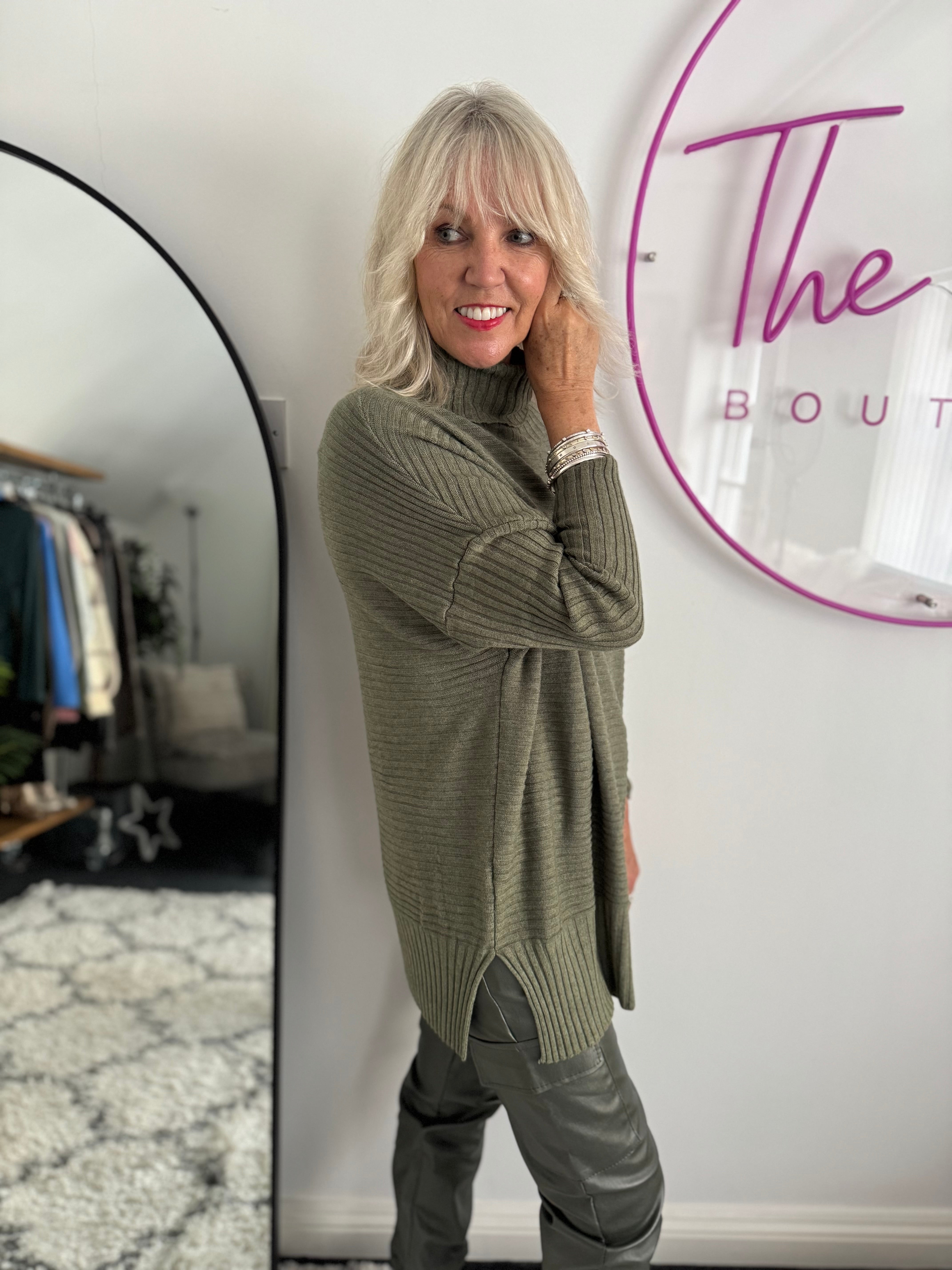 Ribbed Roll Neck Poncho Jumper in Khaki