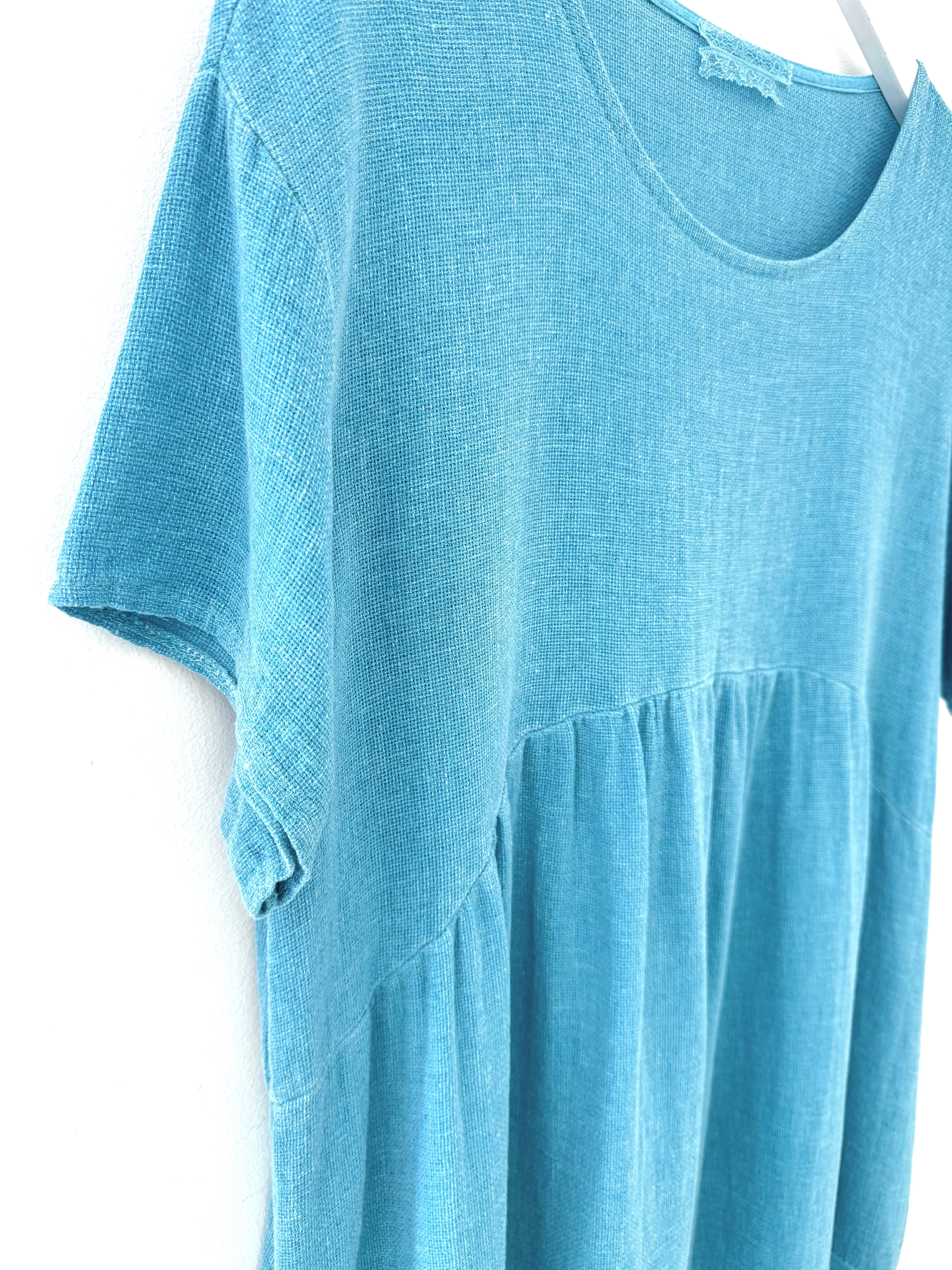 Cotton & Linen Cocoon Dress in Teal Blue