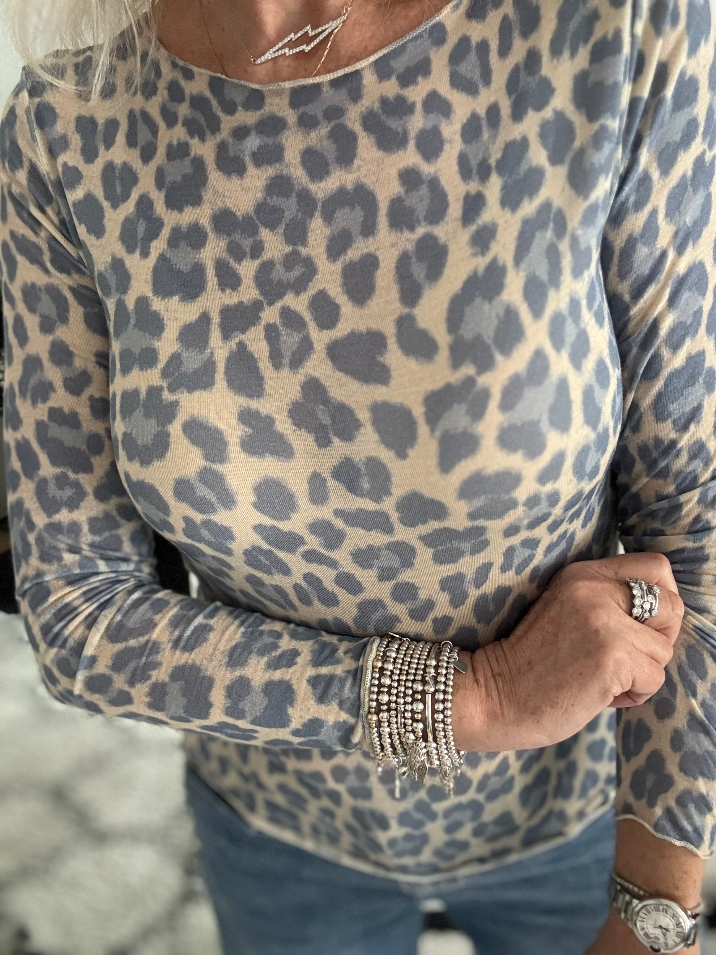 Ultrasoft Cashmere Blend Base Layer in Denim Blue Leopard