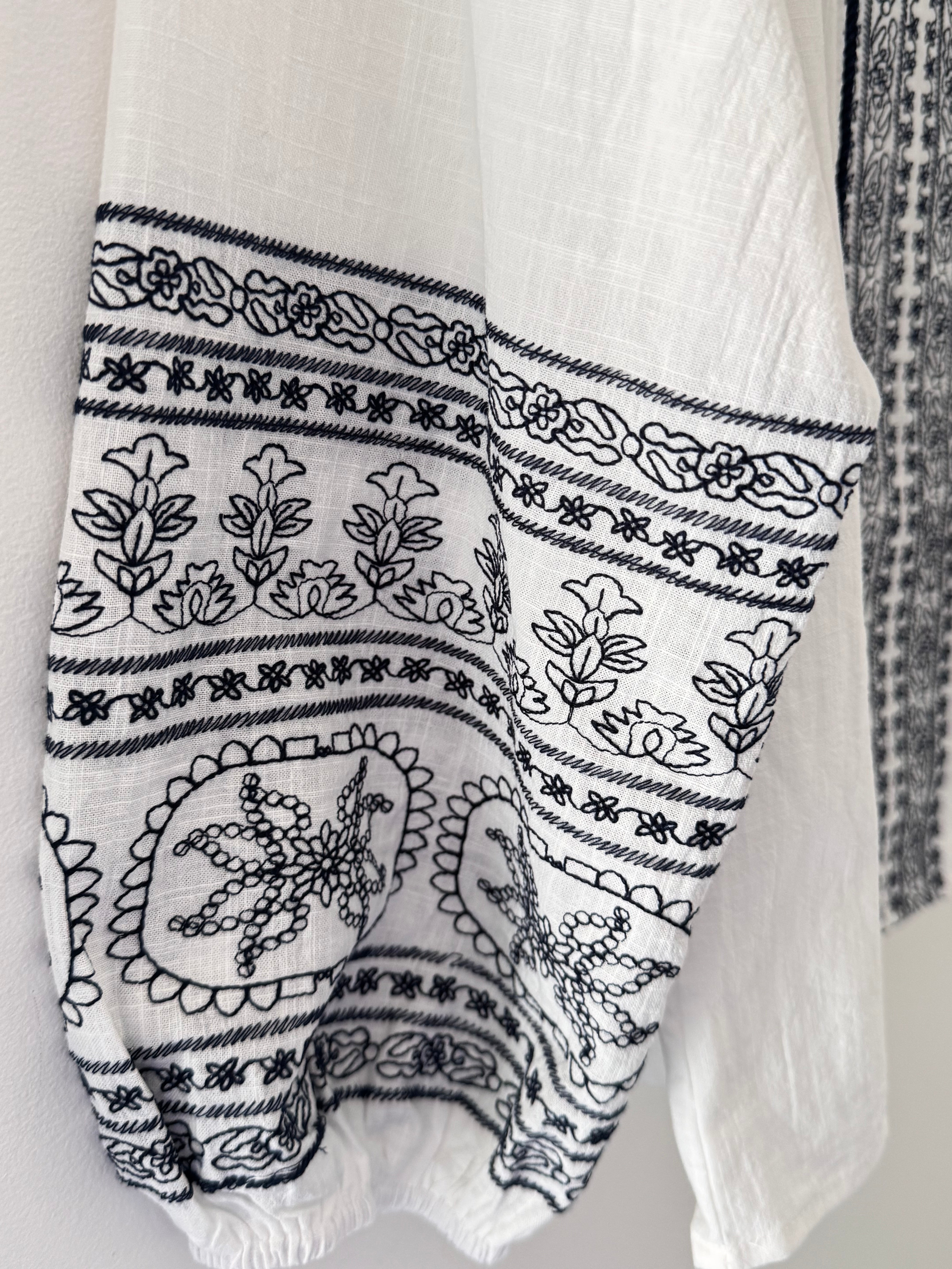 Embroidered Cotton Blouse in White & Navy