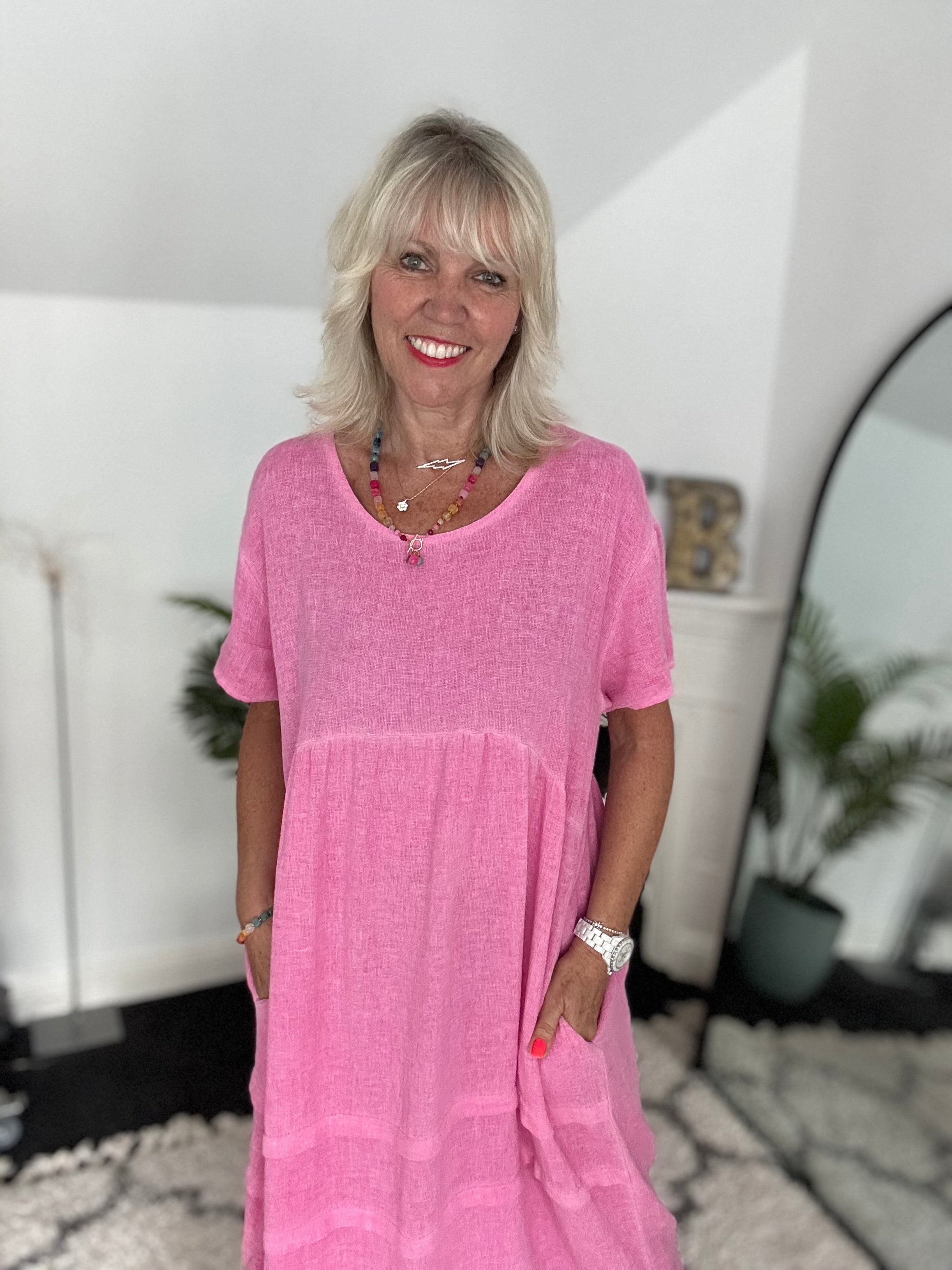 Cotton & Linen Cocoon Dress in Fuchsia