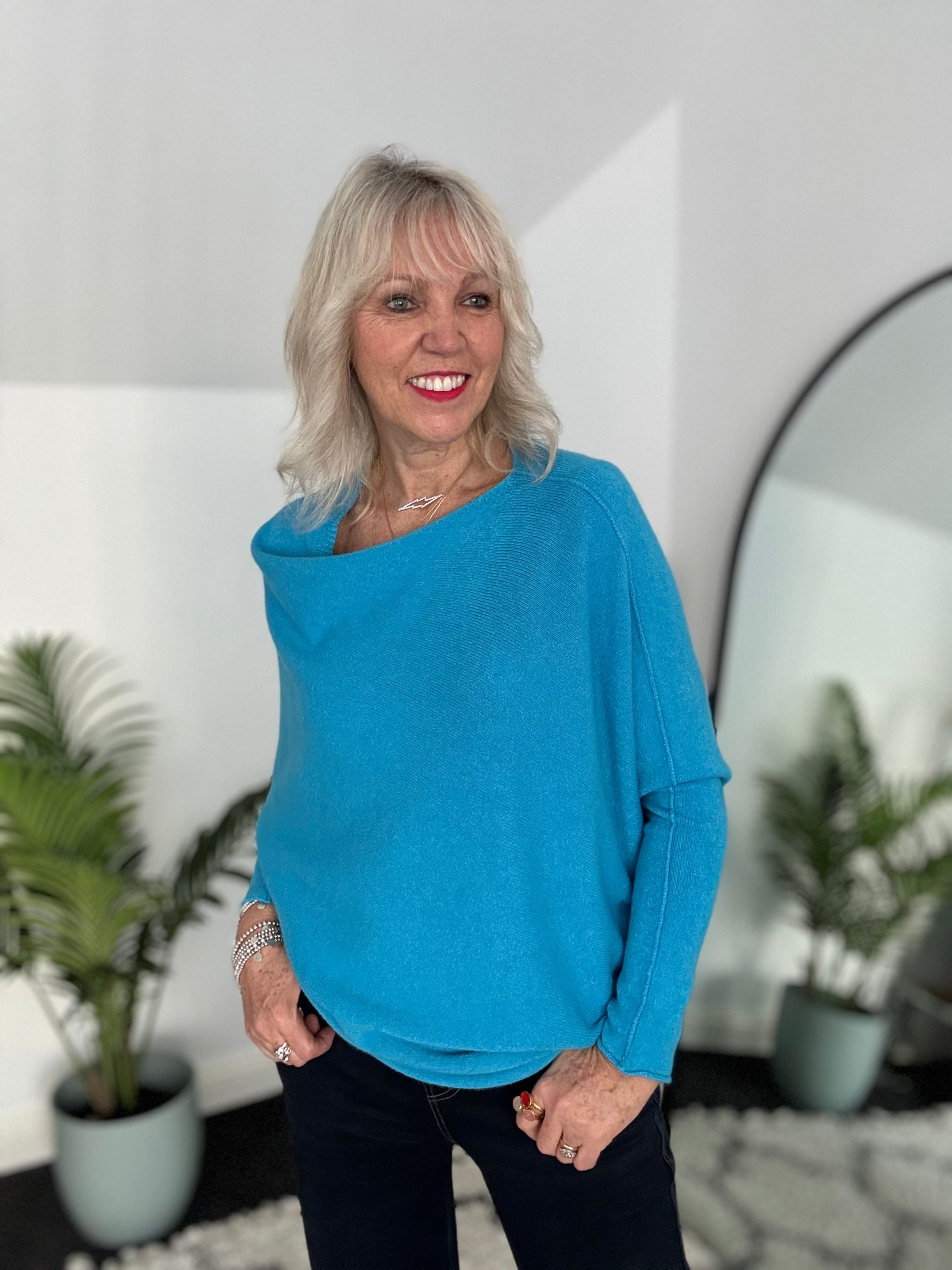 Cowl Neck Asymmetric Jumper in Turquoise