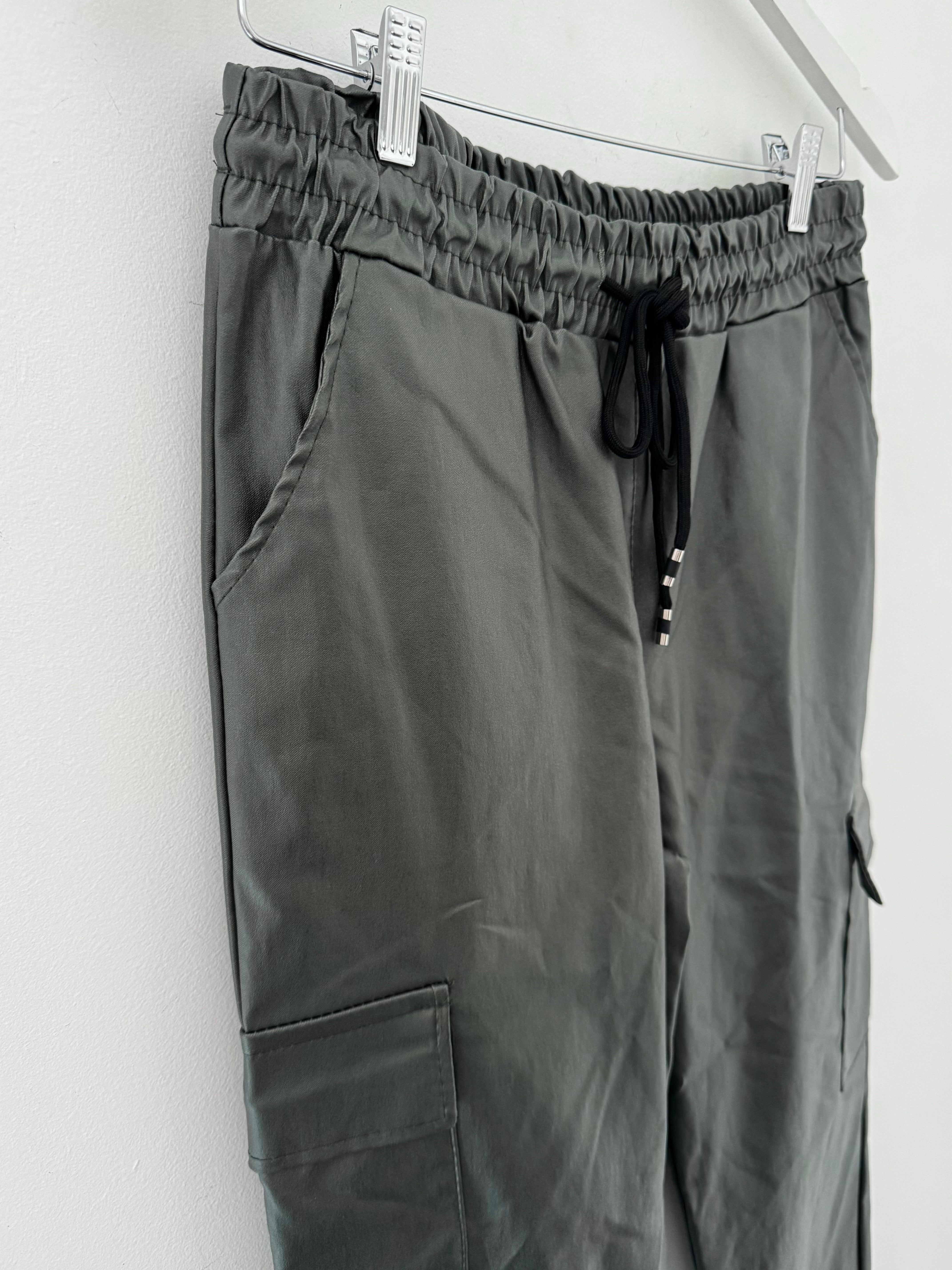 Leather Look Cargo Joggers in Khaki